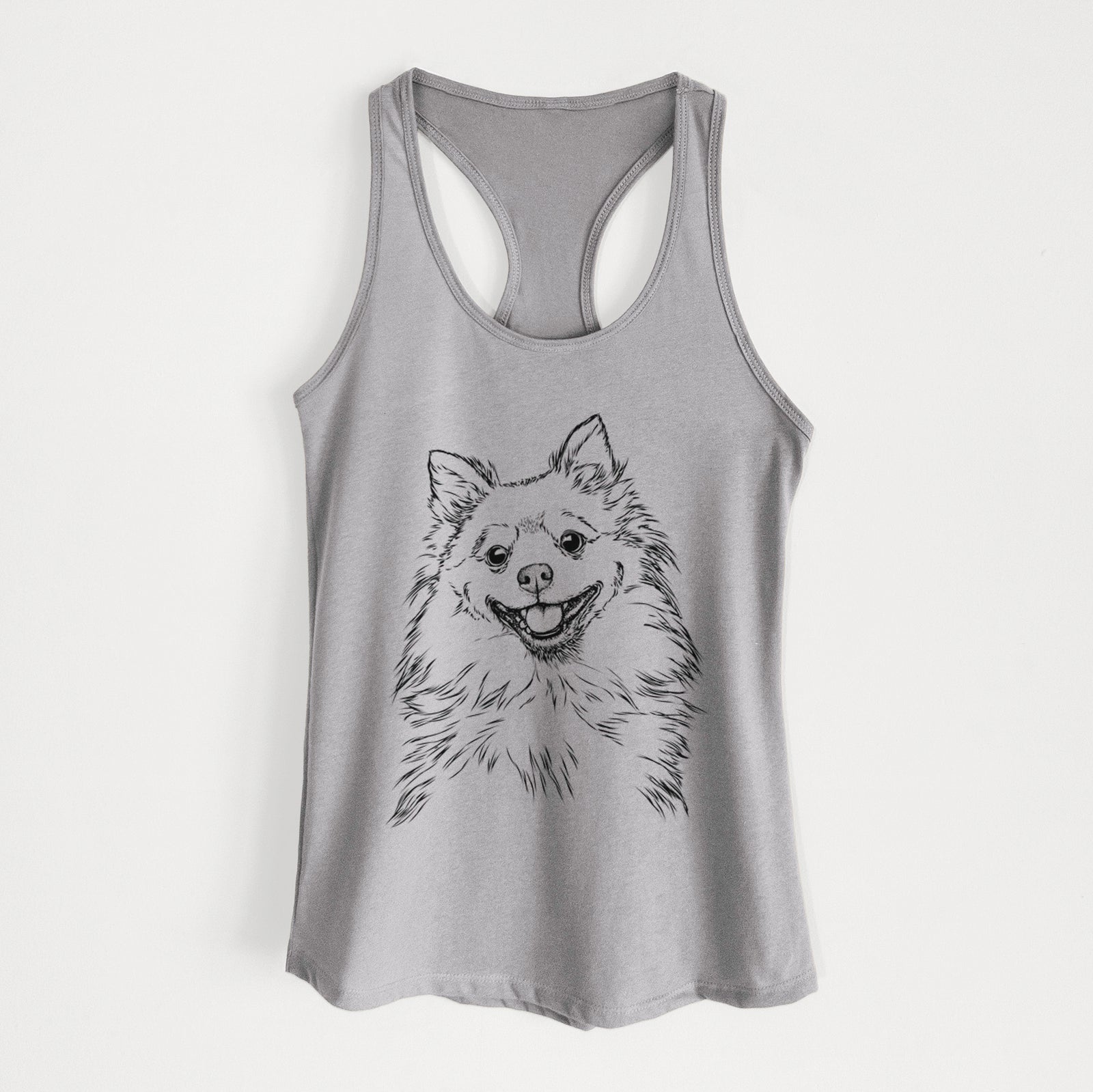 Hand-drawn sketch of Fibi the Spitz on a Heather Grey Women's racerback tanktop
