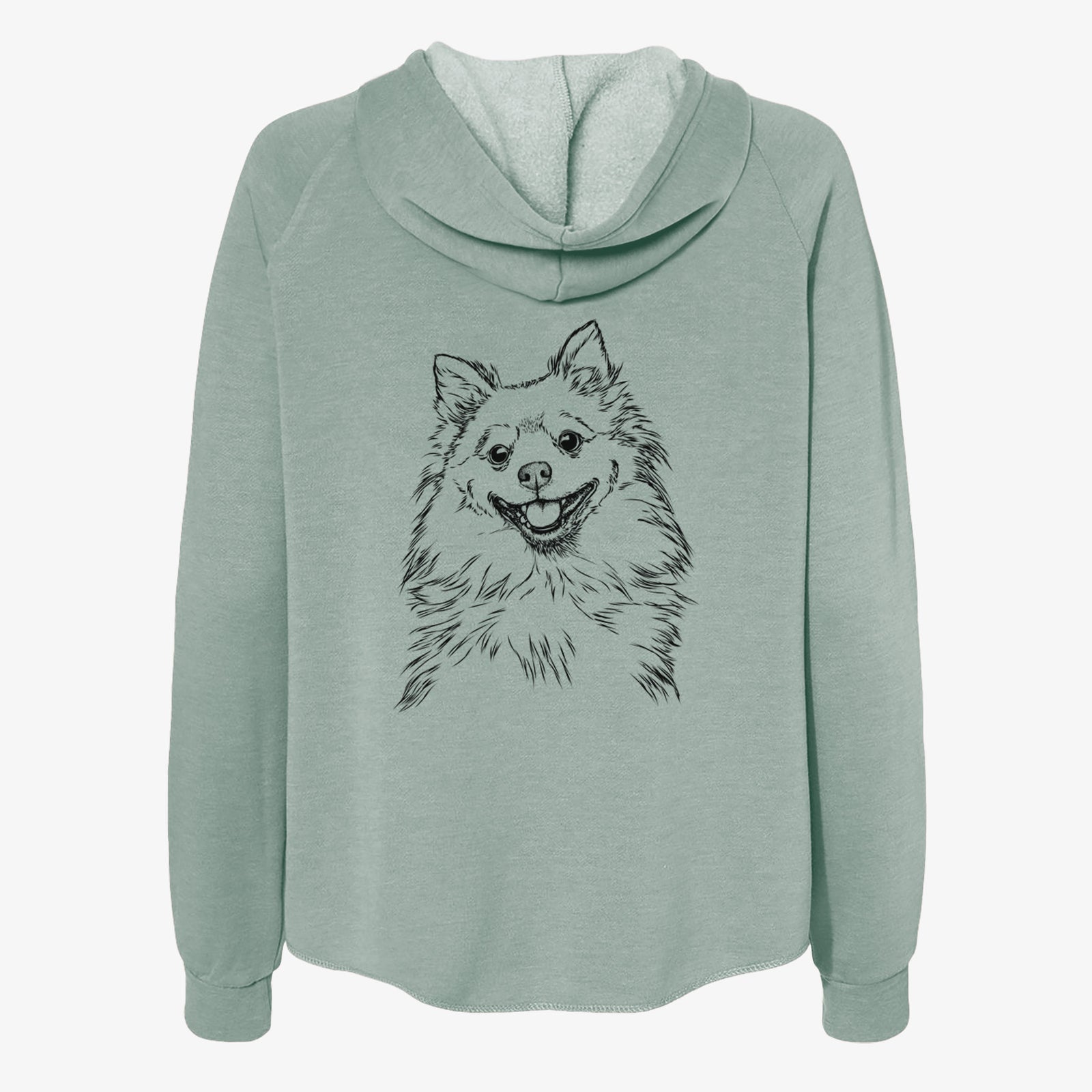 Hand-drawn sketch of Fibi the Spitz on a Sage Women's cali wave zip-up sweatshirt