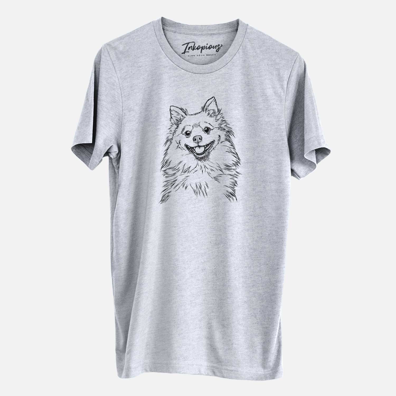Hand-drawn sketch of Fibi the Spitz on a Grey Unisex crewneck