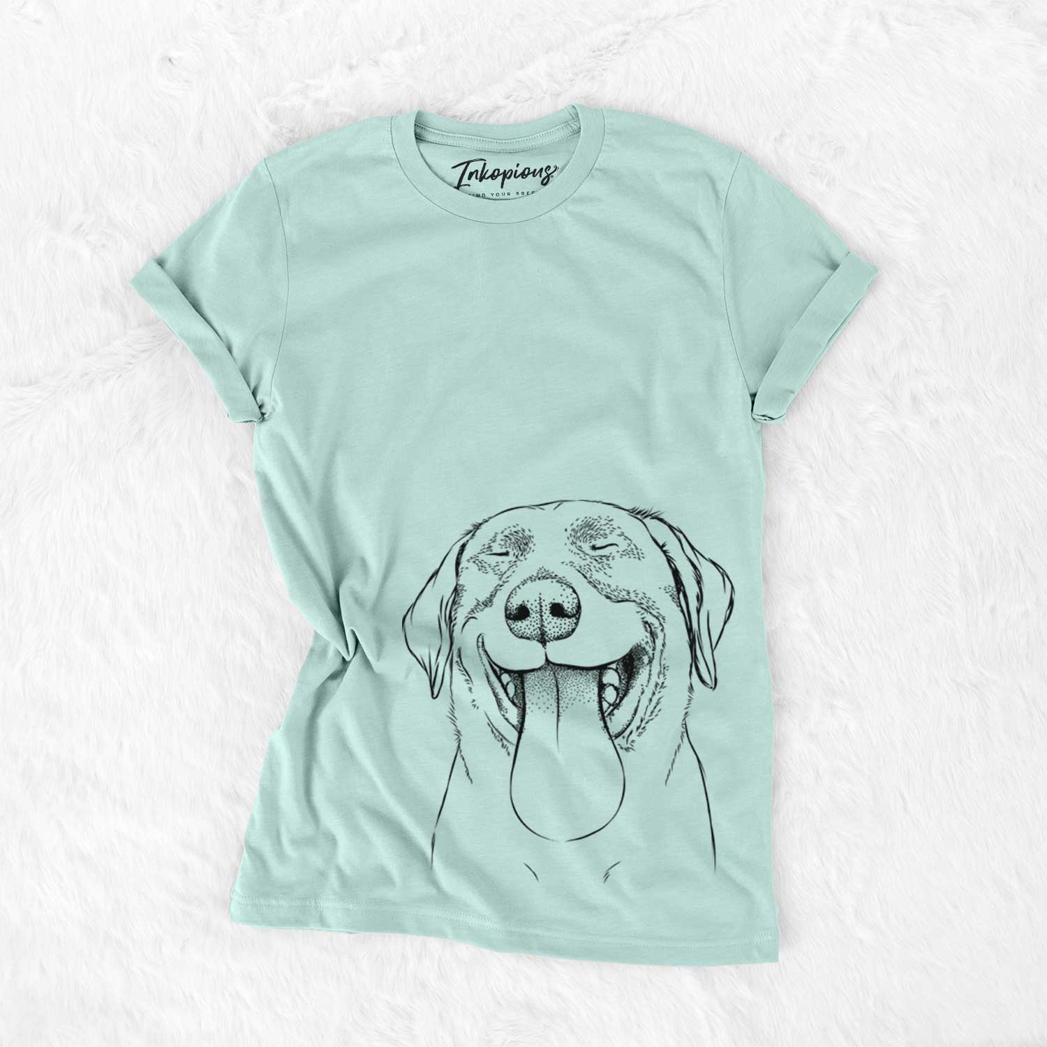 Hand-drawn sketch of Fig the Labrador Retriever on a Heather Sage Unisex crewneck