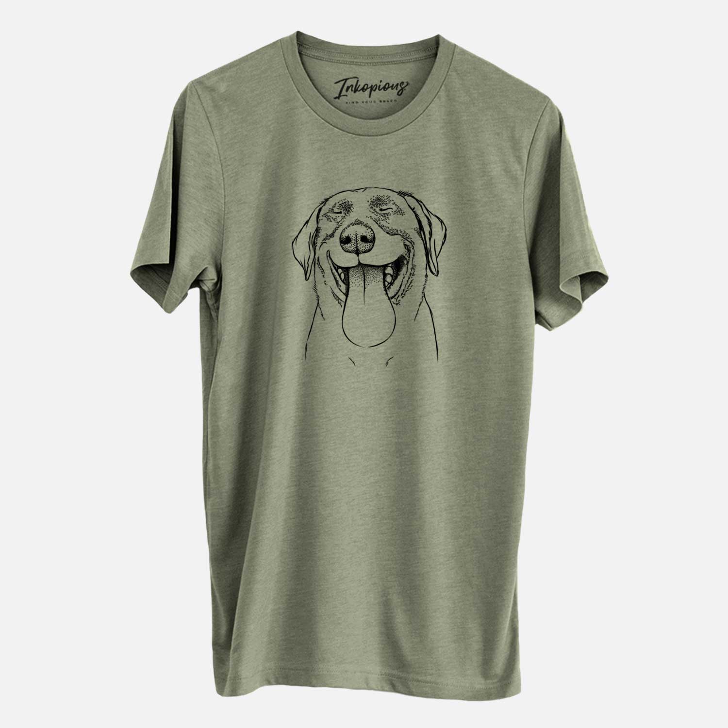 Hand-drawn sketch of Fig the Labrador Retriever on an Olive Unisex crewneck