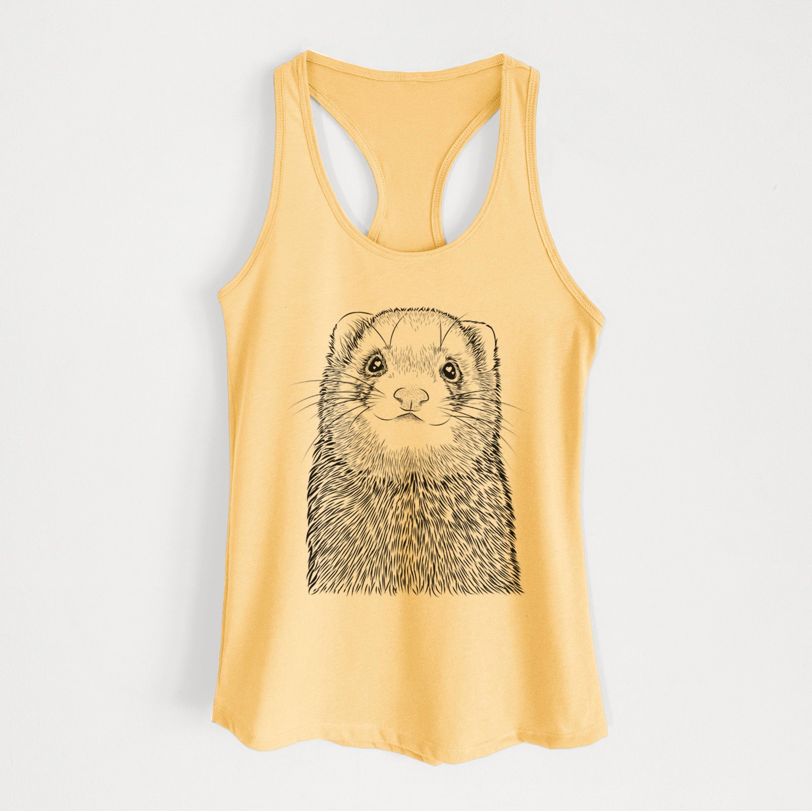 Hand-drawn sketch of Fig the Ferret on a Banana Cream Women's racerback tanktop