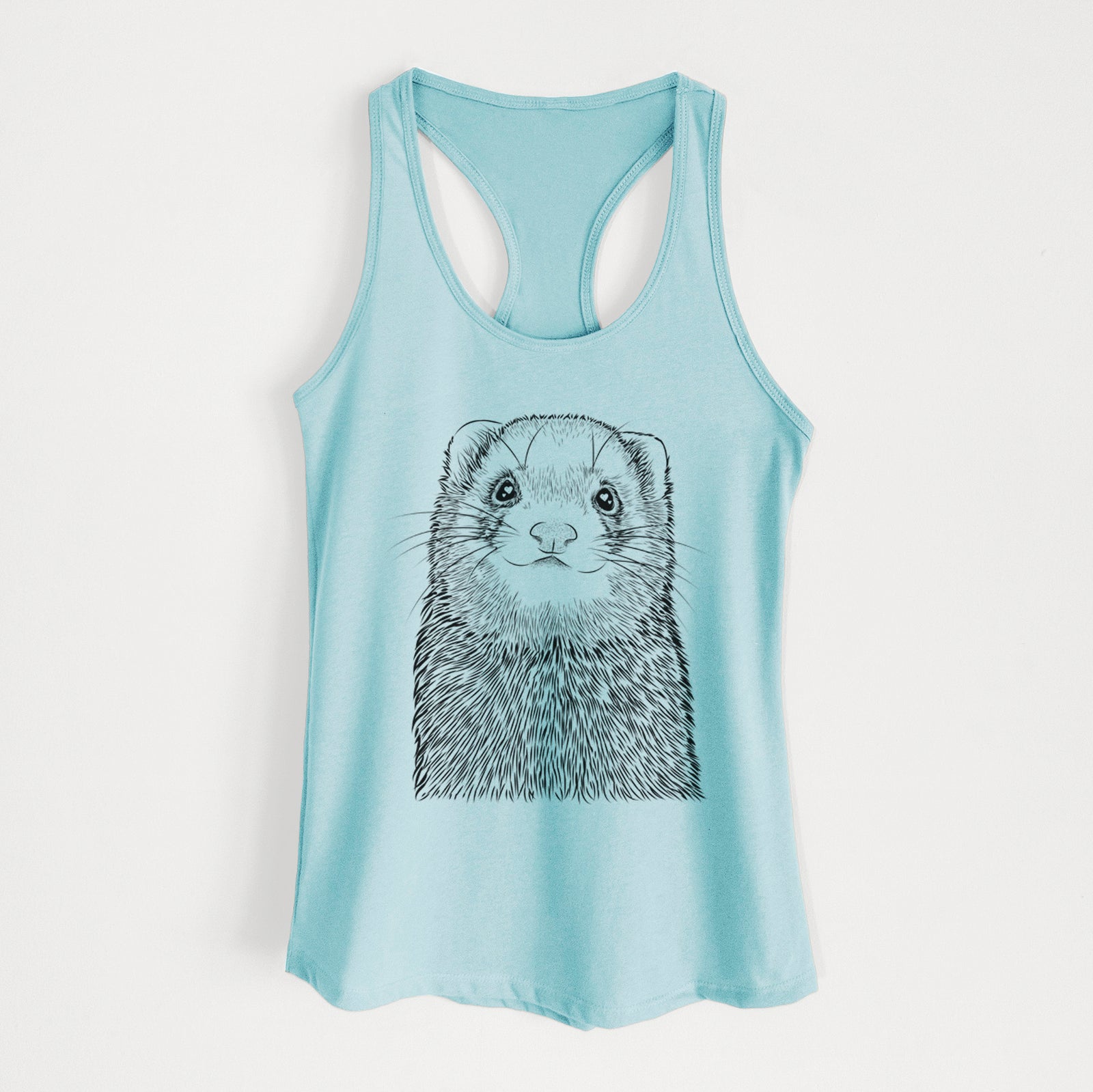 Hand-drawn sketch of Fig the Ferret on a Cancun Blue Women's racerback tanktop