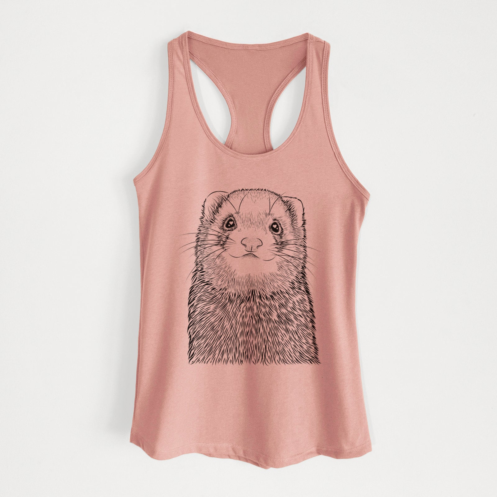 Hand-drawn sketch of Fig the Ferret on a Desert Pink Women's racerback tanktop