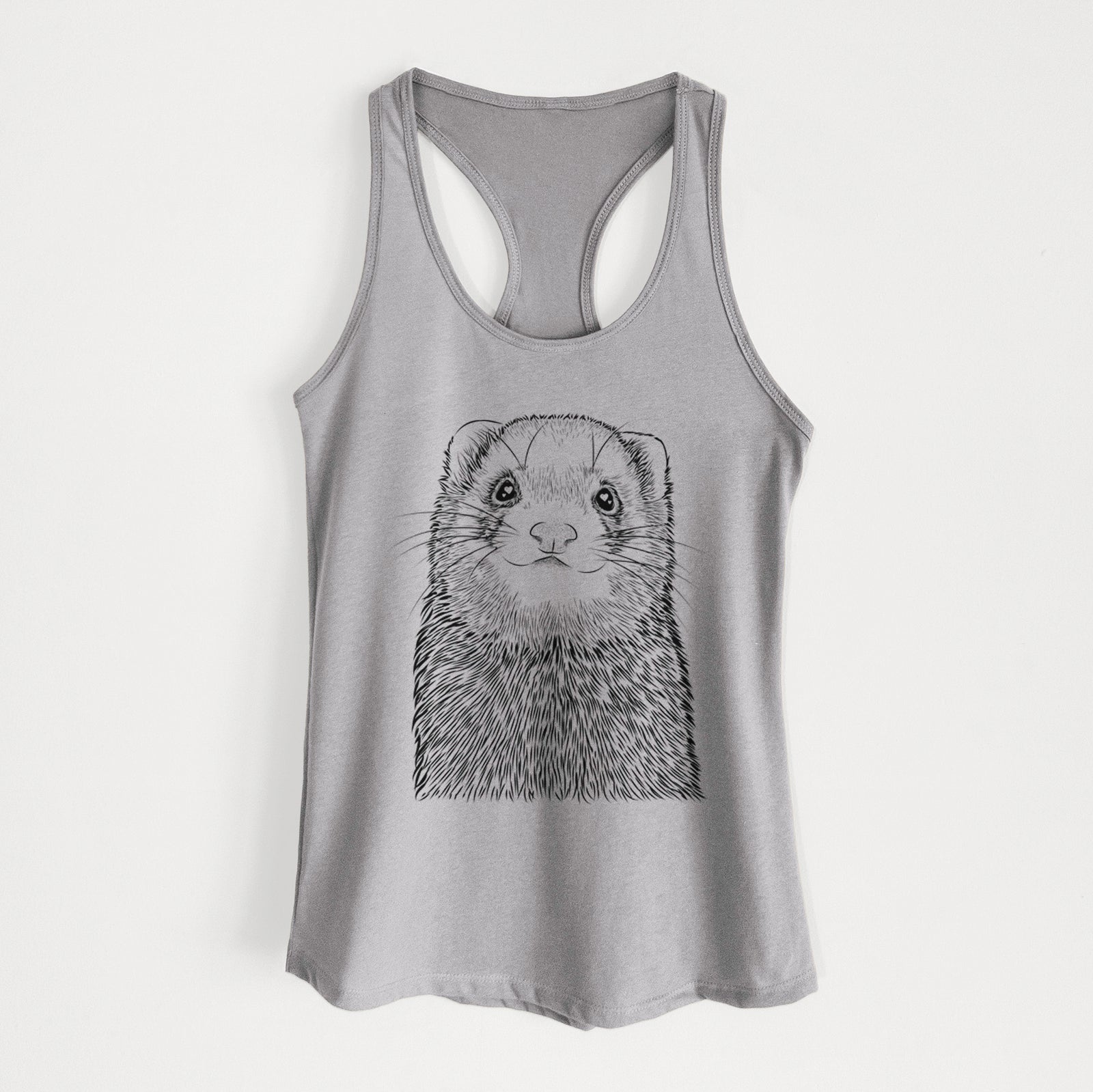 Hand-drawn sketch of Fig the Ferret on a Heather Grey Women's racerback tanktop