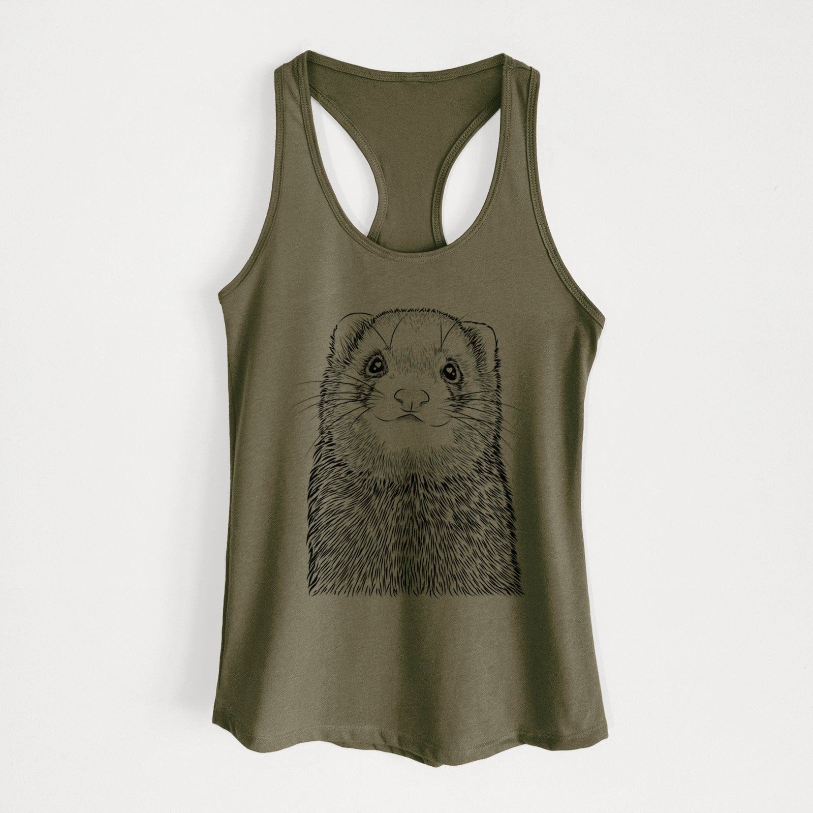 Hand-drawn sketch of Fig the Ferret on a Military Green Women's racerback tanktop