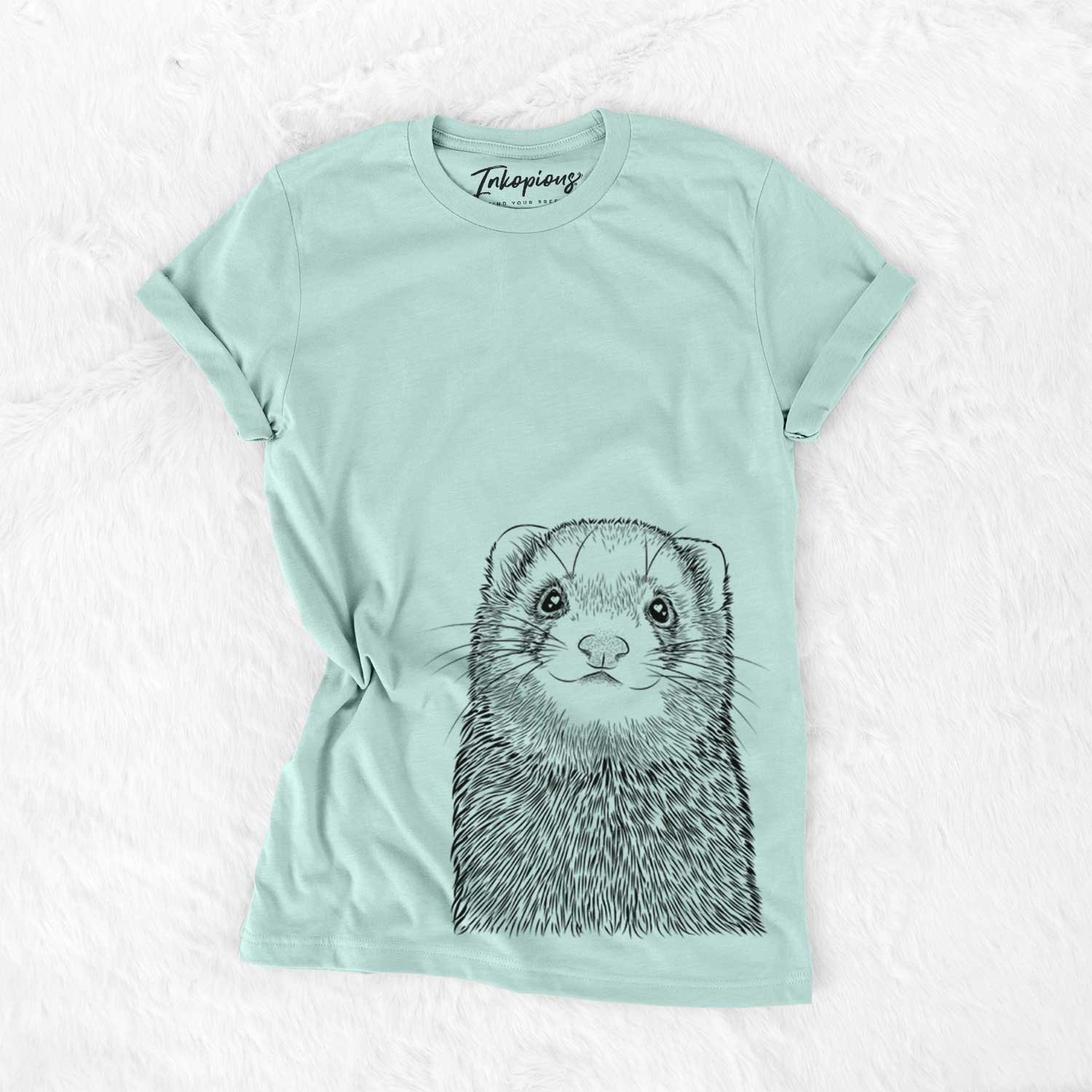 Hand-drawn sketch of Fig the Ferret on a Heather Sage Unisex crewneck