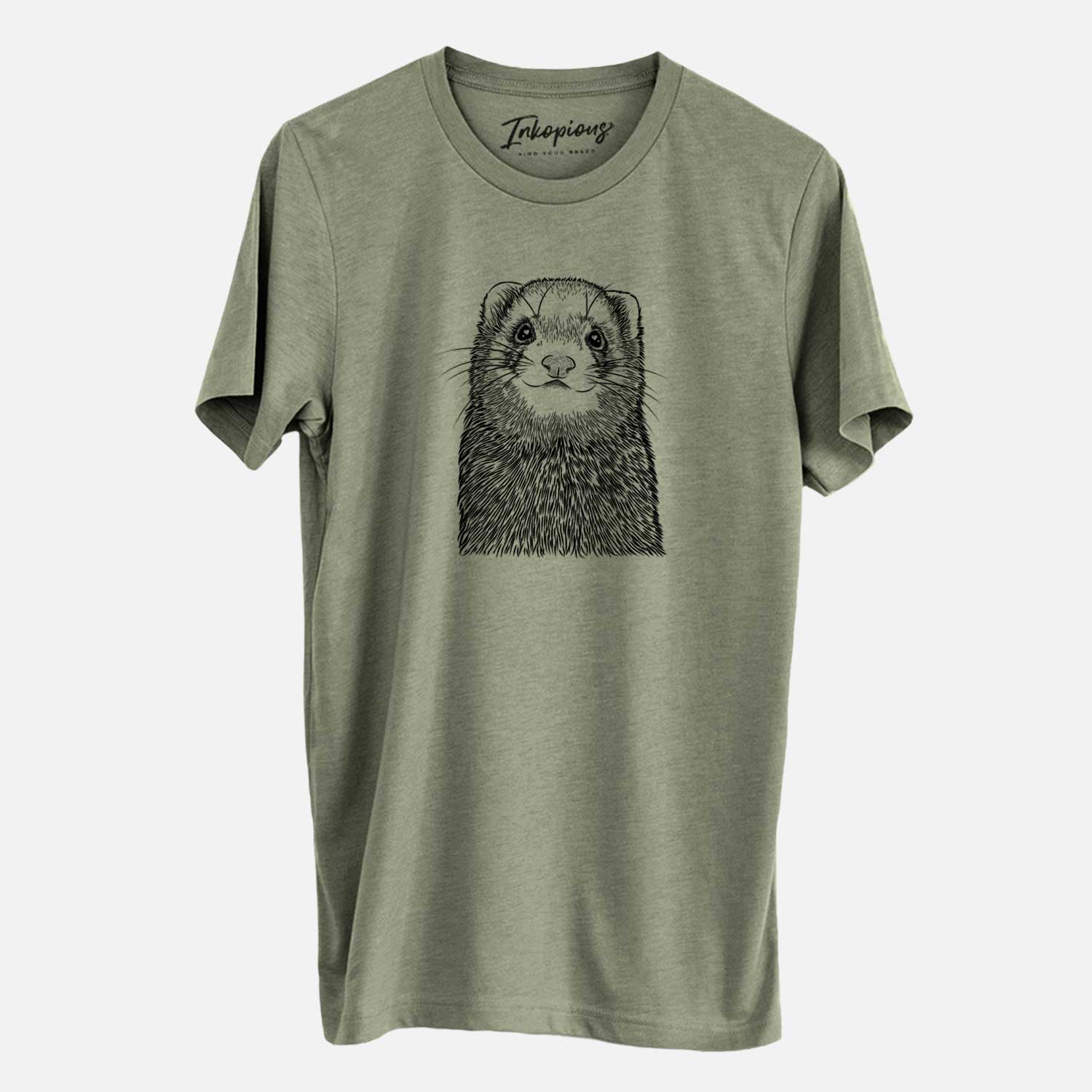 Hand-drawn sketch of Fig the Ferret on an Olive Unisex crewneck