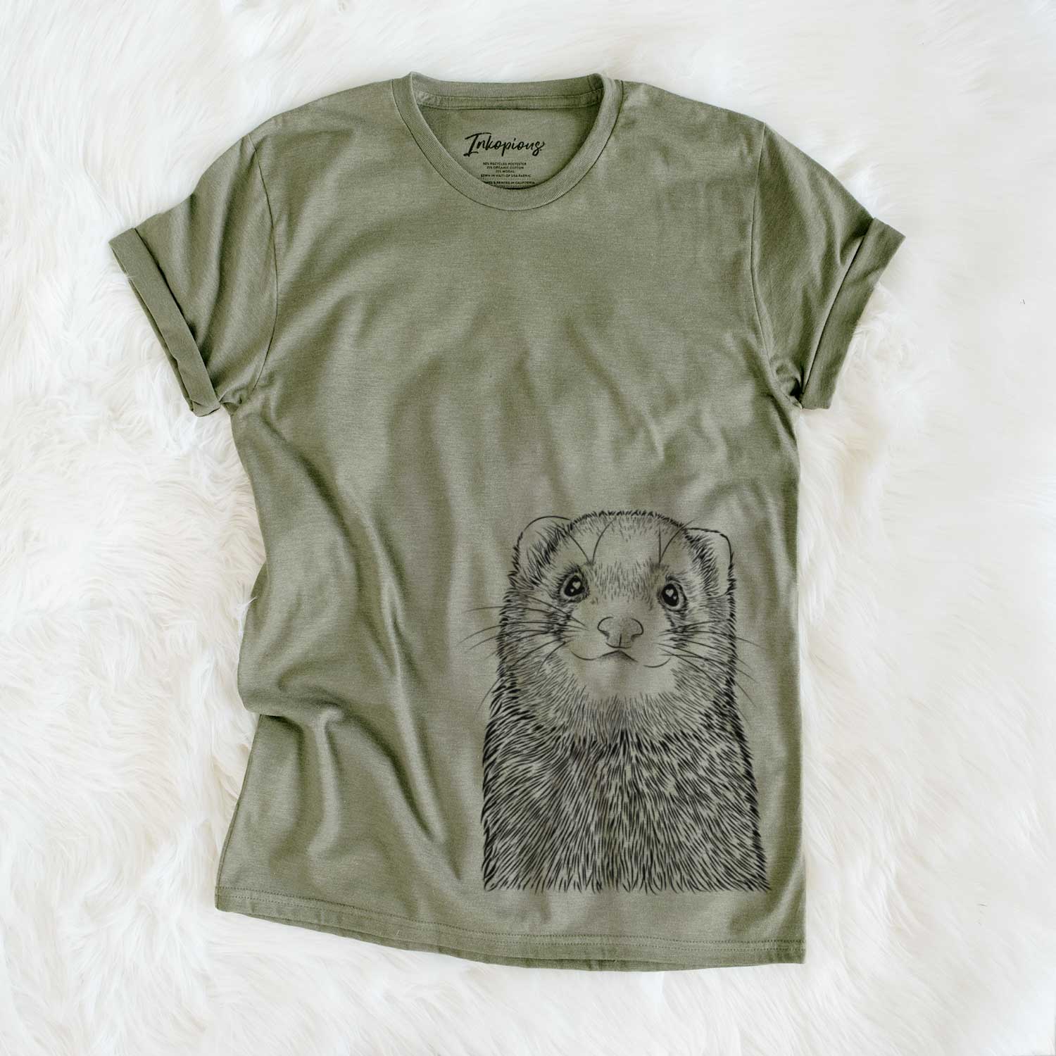 Hand-drawn sketch of Fig the Ferret on an Olive Unisex crewneck