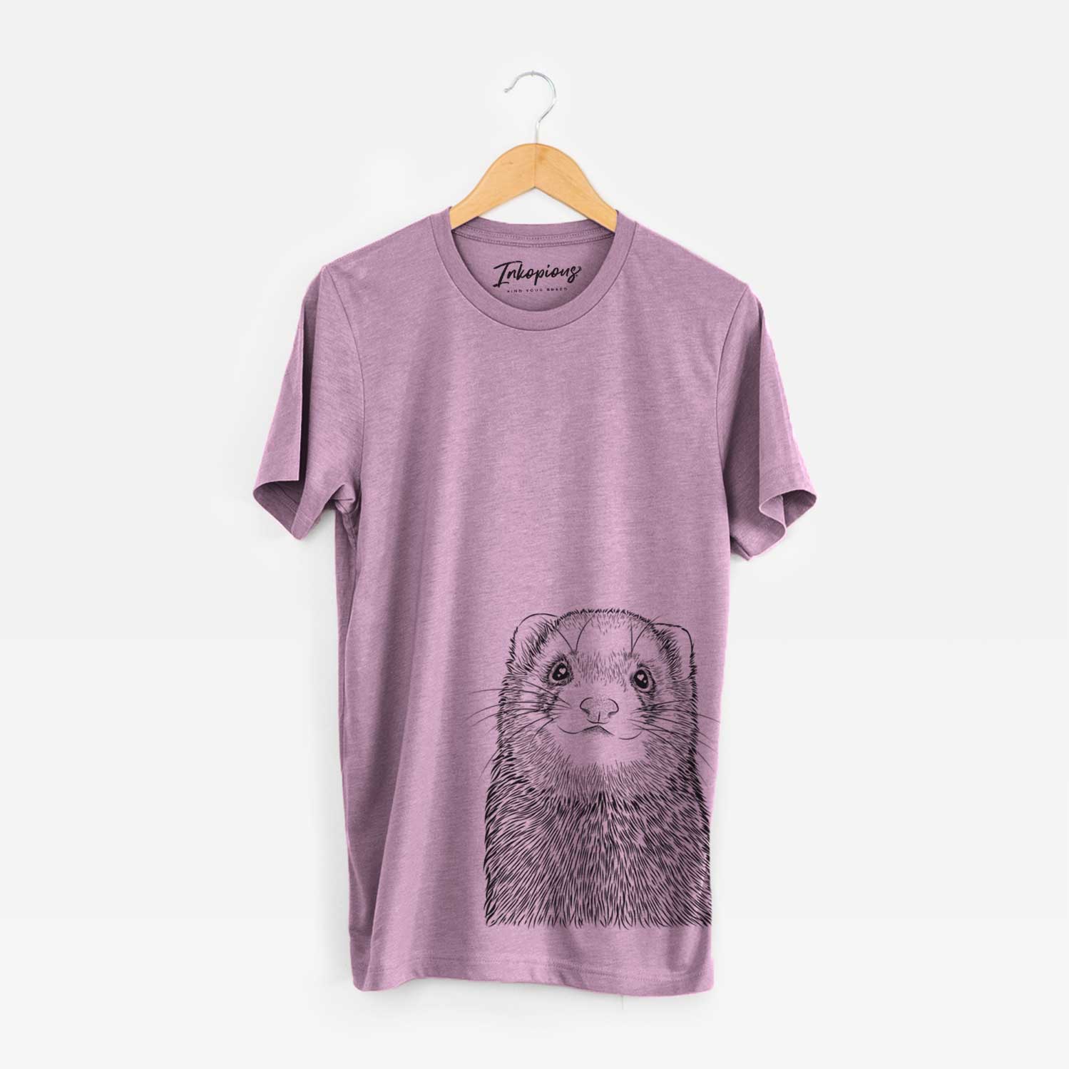 Hand-drawn sketch of Fig the Ferret on an Orchid Unisex crewneck