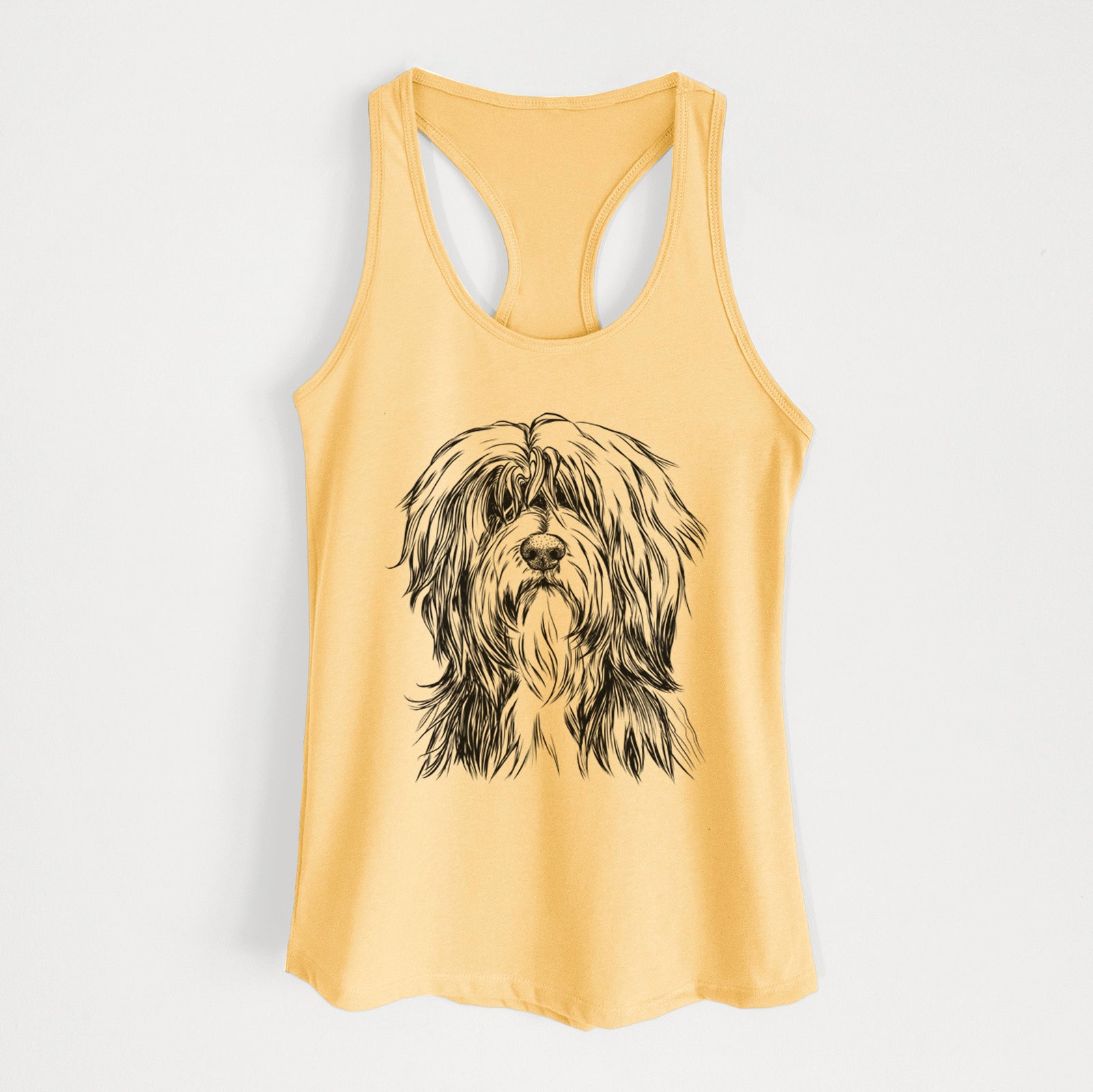 Hand-drawn sketch of Fiji the Polish Lowland Sheepdog on a Banana Cream Women's racerback tanktop