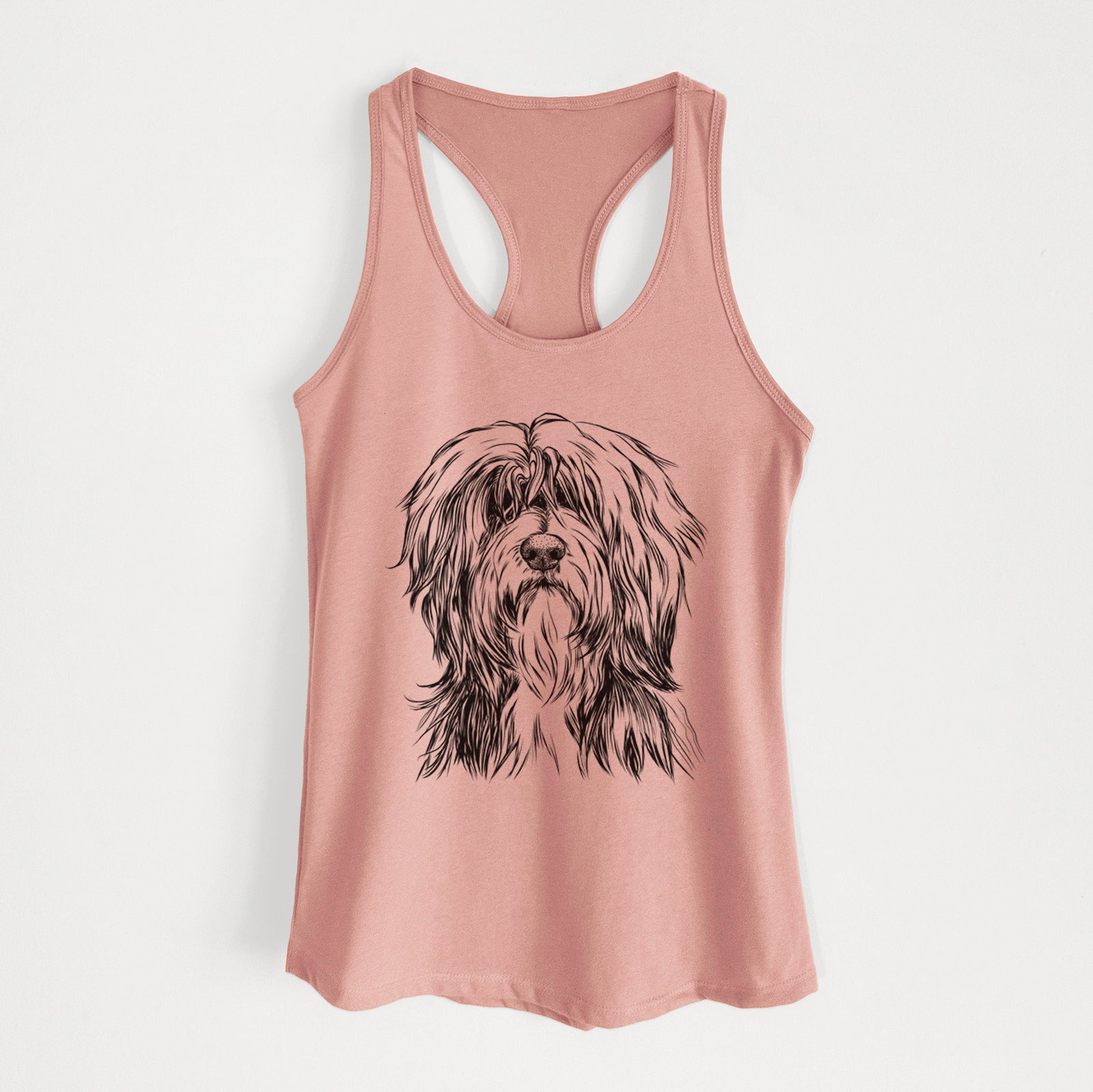 Hand-drawn sketch of Fiji the Polish Lowland Sheepdog on a Desert Pink Women's racerback tanktop