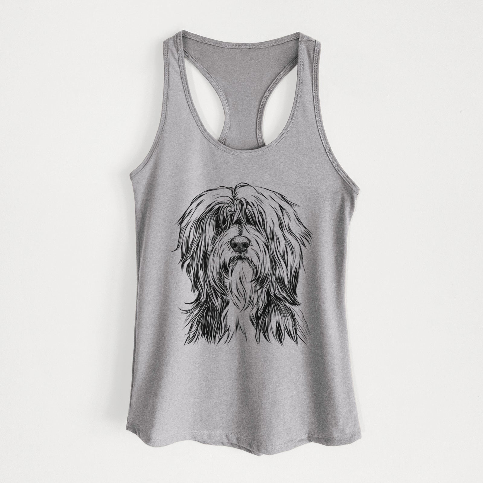 Hand-drawn sketch of Fiji the Polish Lowland Sheepdog on a Heather Grey Women's racerback tanktop
