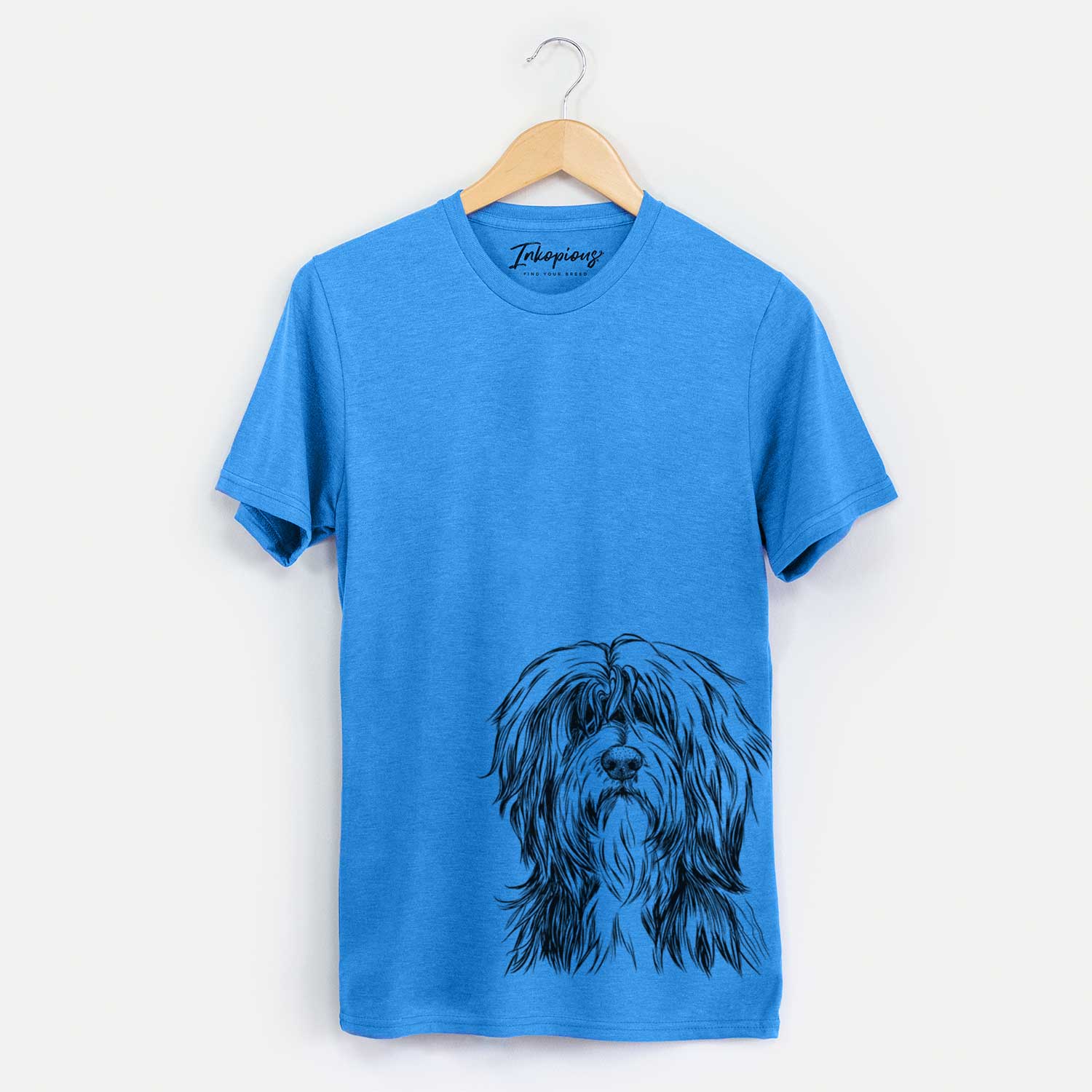 Hand-drawn sketch of Fiji the Polish Lowland Sheepdog on a Blue Unisex crewneck