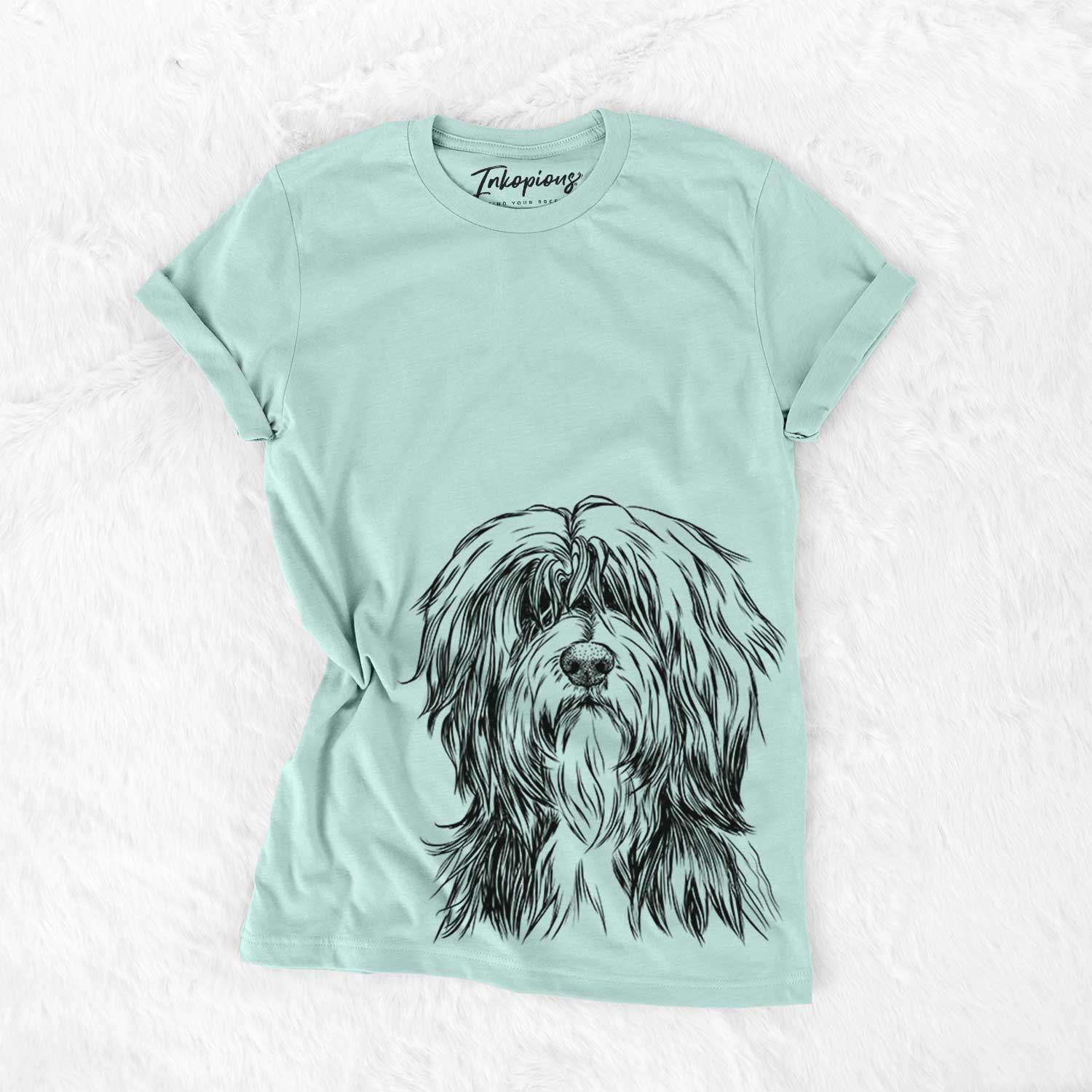 Hand-drawn sketch of Fiji the Polish Lowland Sheepdog on a Heather Sage Bella Canvas Unisex Crewneck