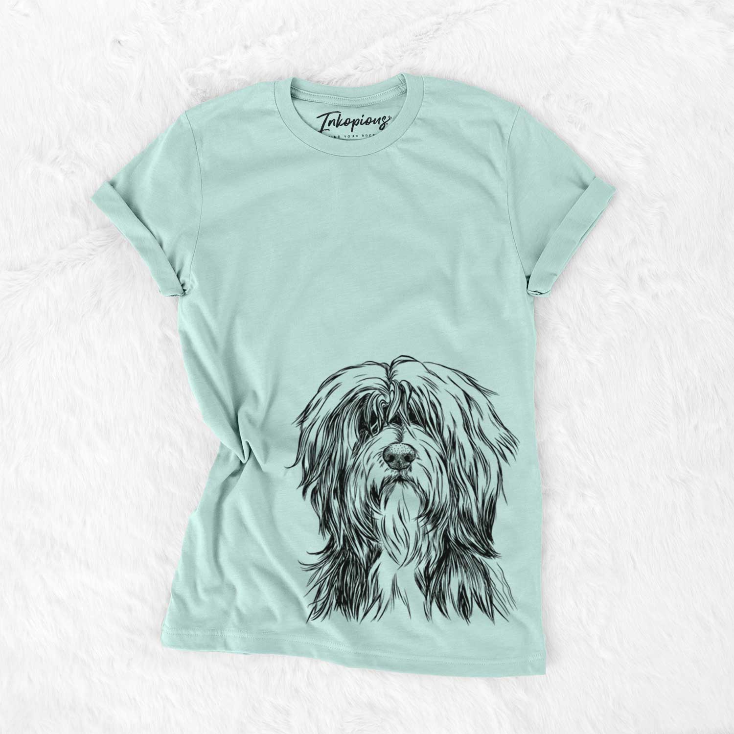 Hand-drawn sketch of Fiji the Polish Lowland Sheepdog on a Heather Sage Unisex crewneck