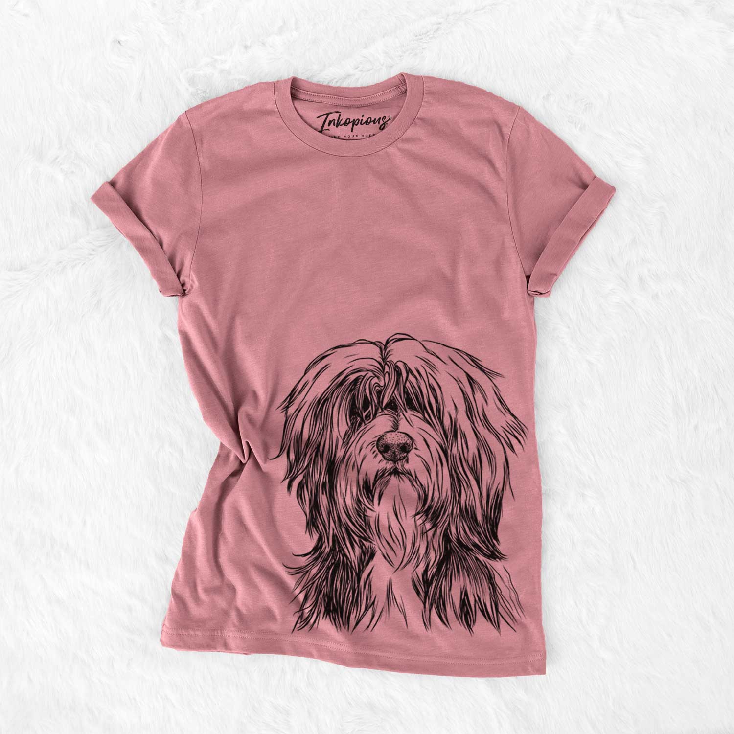 Hand-drawn sketch of Fiji the Polish Lowland Sheepdog on a Mauve Bella Canvas Unisex Crewneck