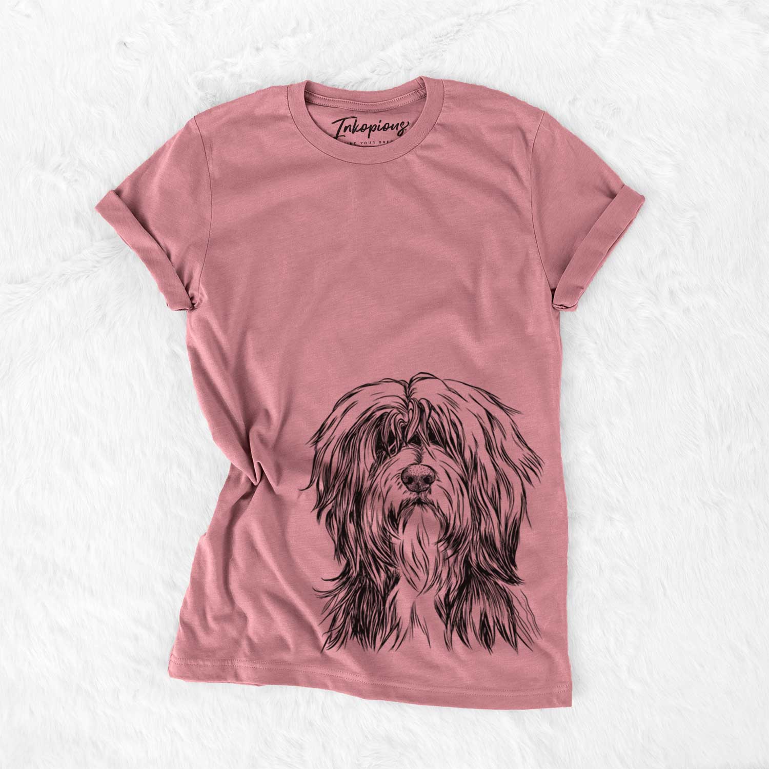 Hand-drawn sketch of Fiji the Polish Lowland Sheepdog on a Mauve Unisex crewneck