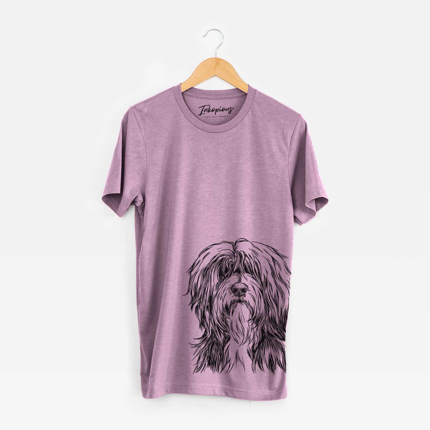 Hand-drawn sketch of Fiji the Polish Lowland Sheepdog on an Orchid Bella Canvas Unisex Crewneck