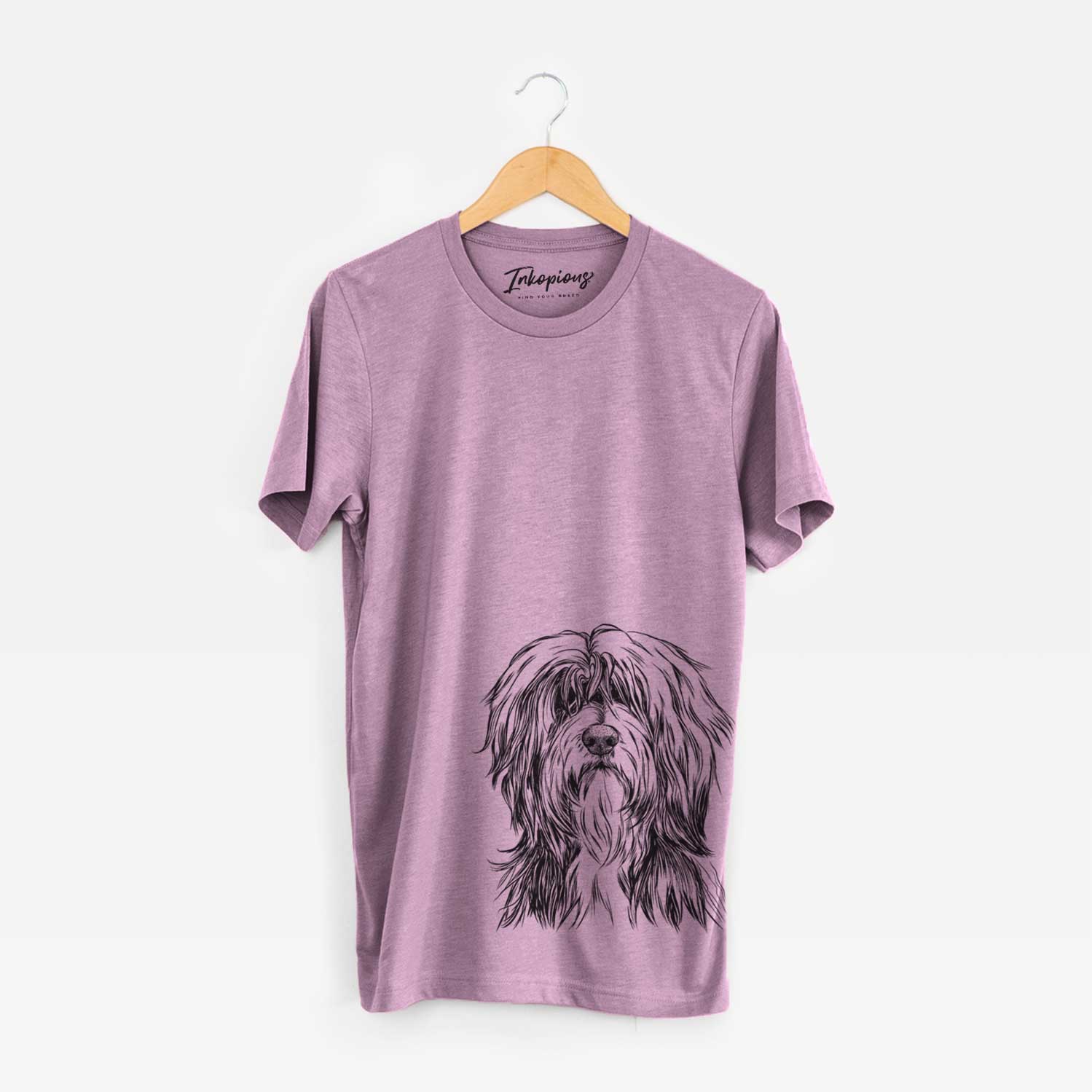 Hand-drawn sketch of Fiji the Polish Lowland Sheepdog on an Orchid Unisex crewneck