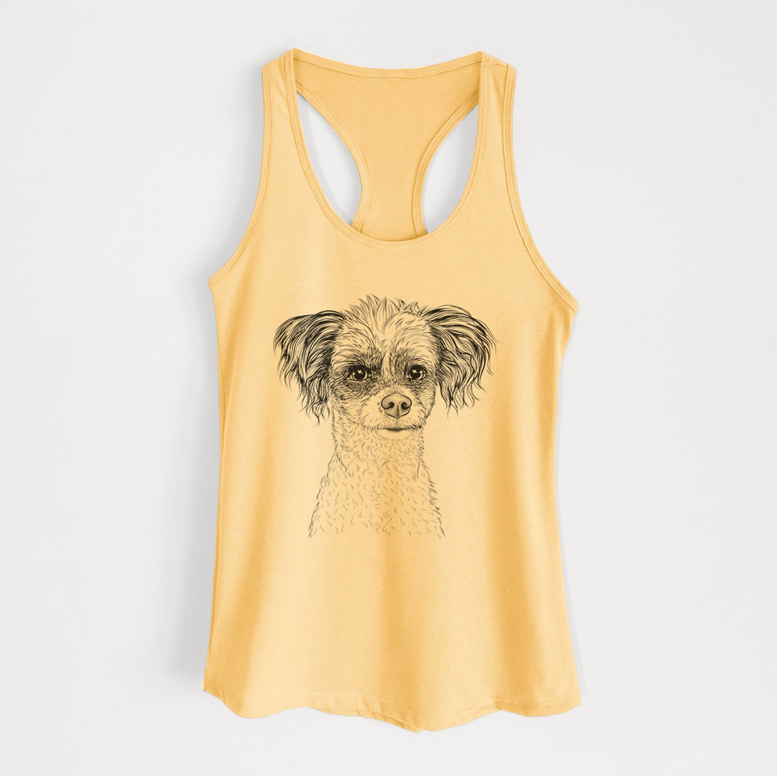 Hand-drawn sketch of Finley the Papillon Mix on a Banana Cream Women's racerback tanktop
