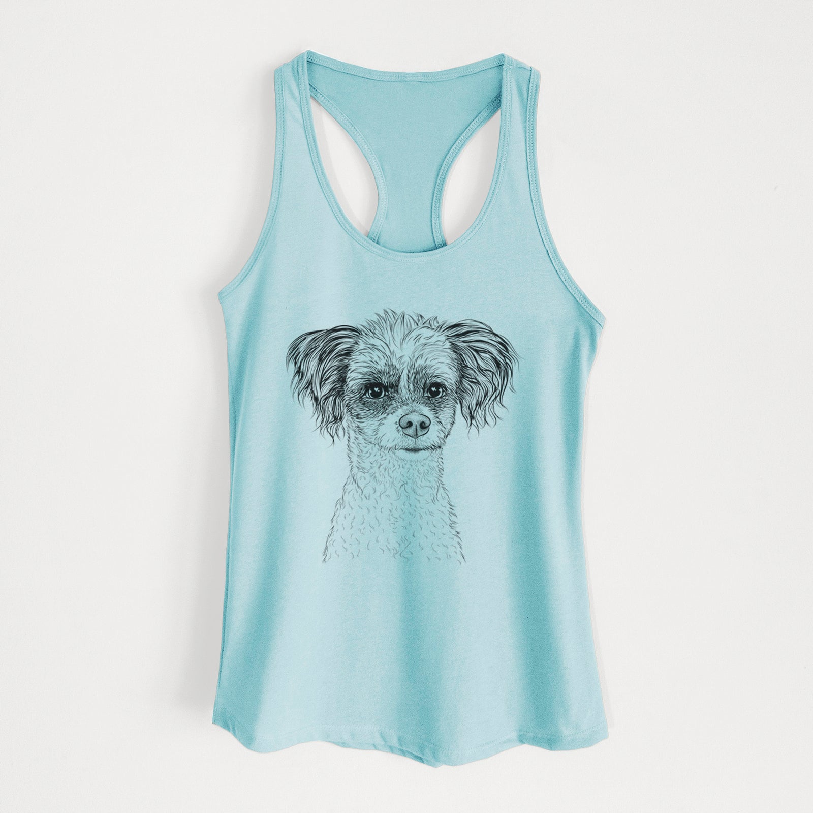 Hand-drawn sketch of Finley the Papillon Mix on a Cancun Blue Women's racerback tanktop