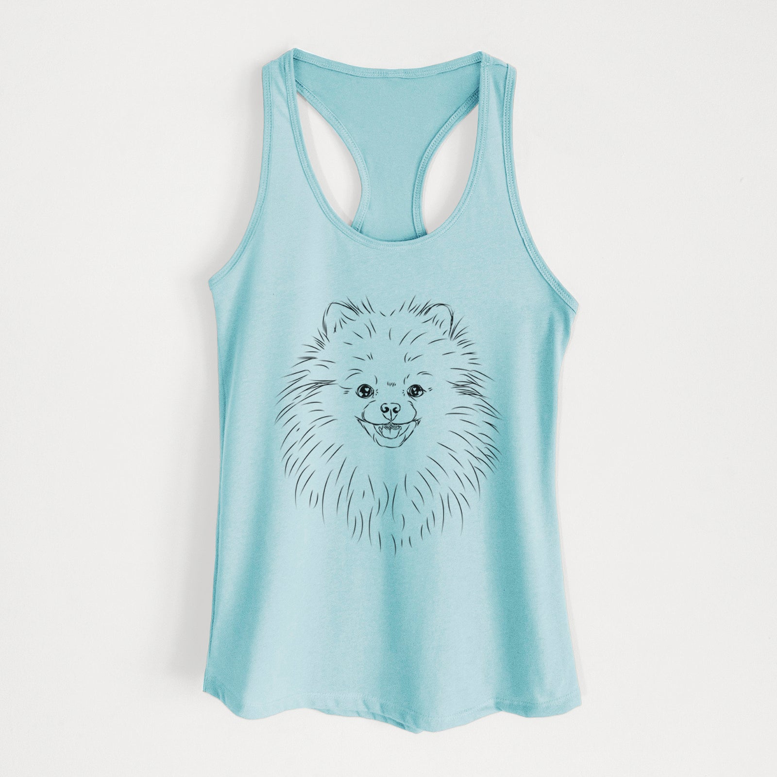 Hand-drawn sketch of Finn the Pomeranian on a Cancun Blue Women's racerback tanktop