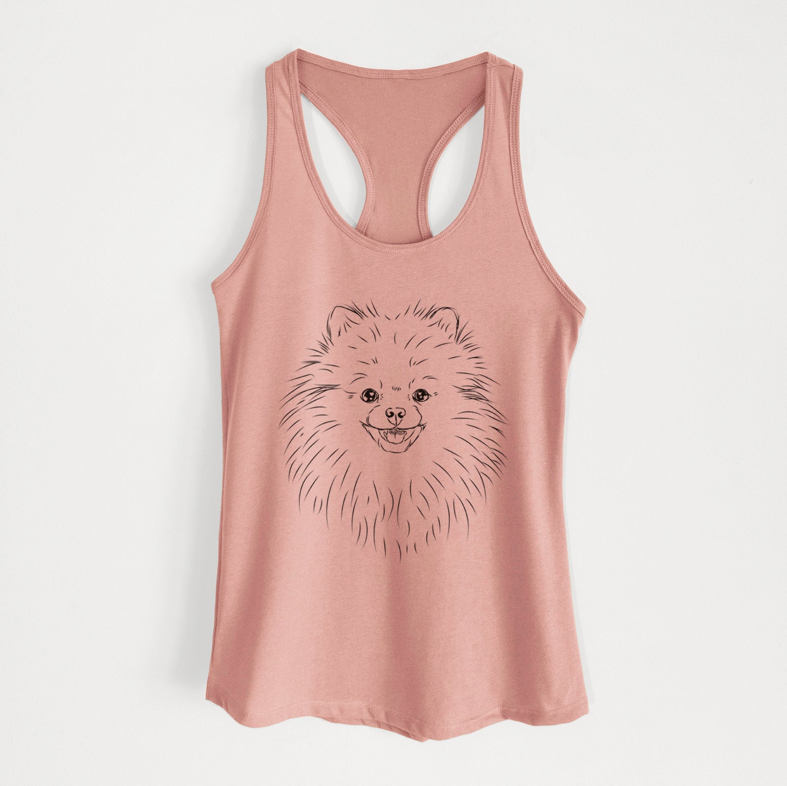Hand-drawn sketch of Finn the Pomeranian on a Desert Pink Women's racerback tanktop