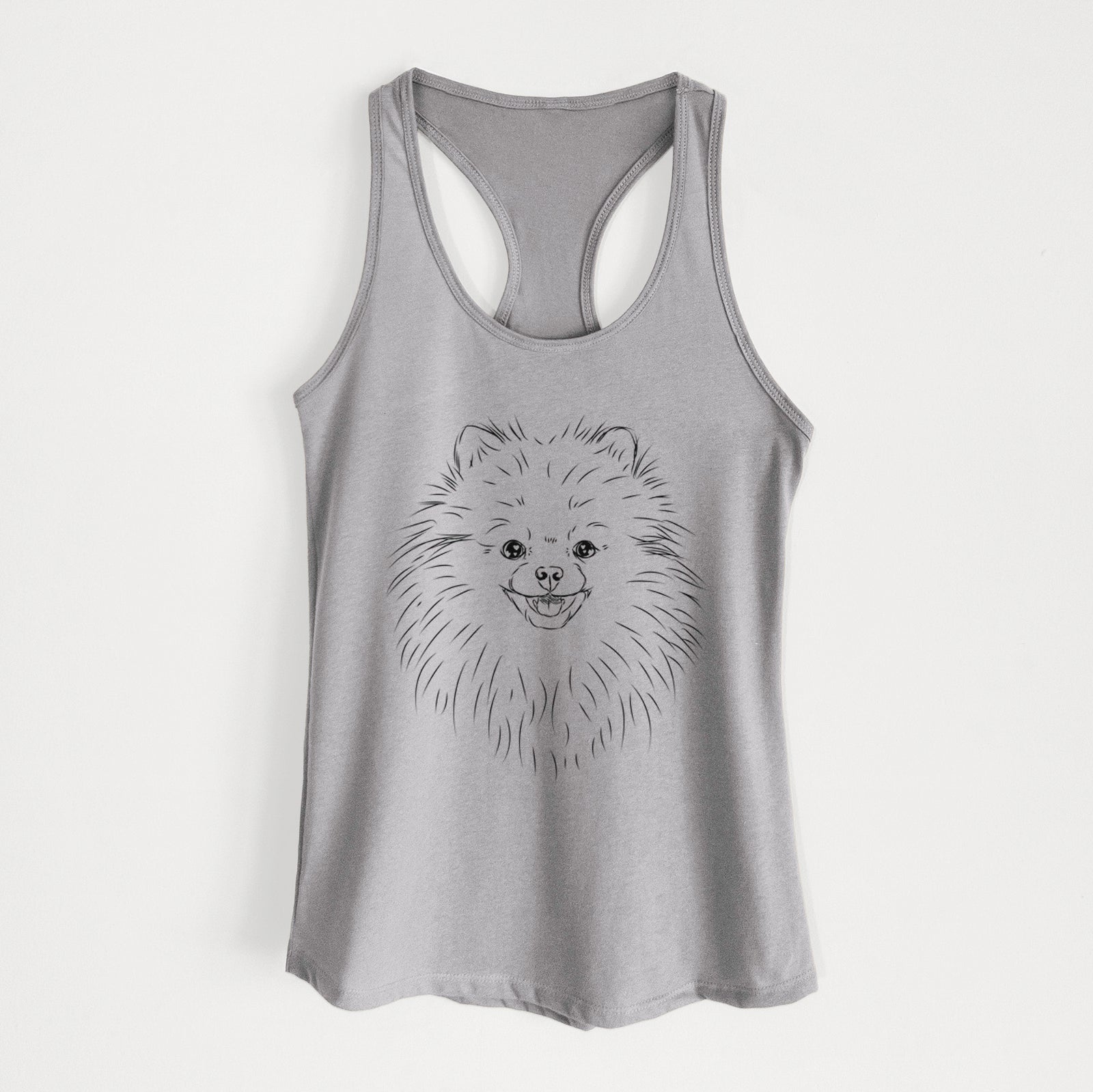 Hand-drawn sketch of Finn the Pomeranian on a Heather Grey Women's racerback tanktop