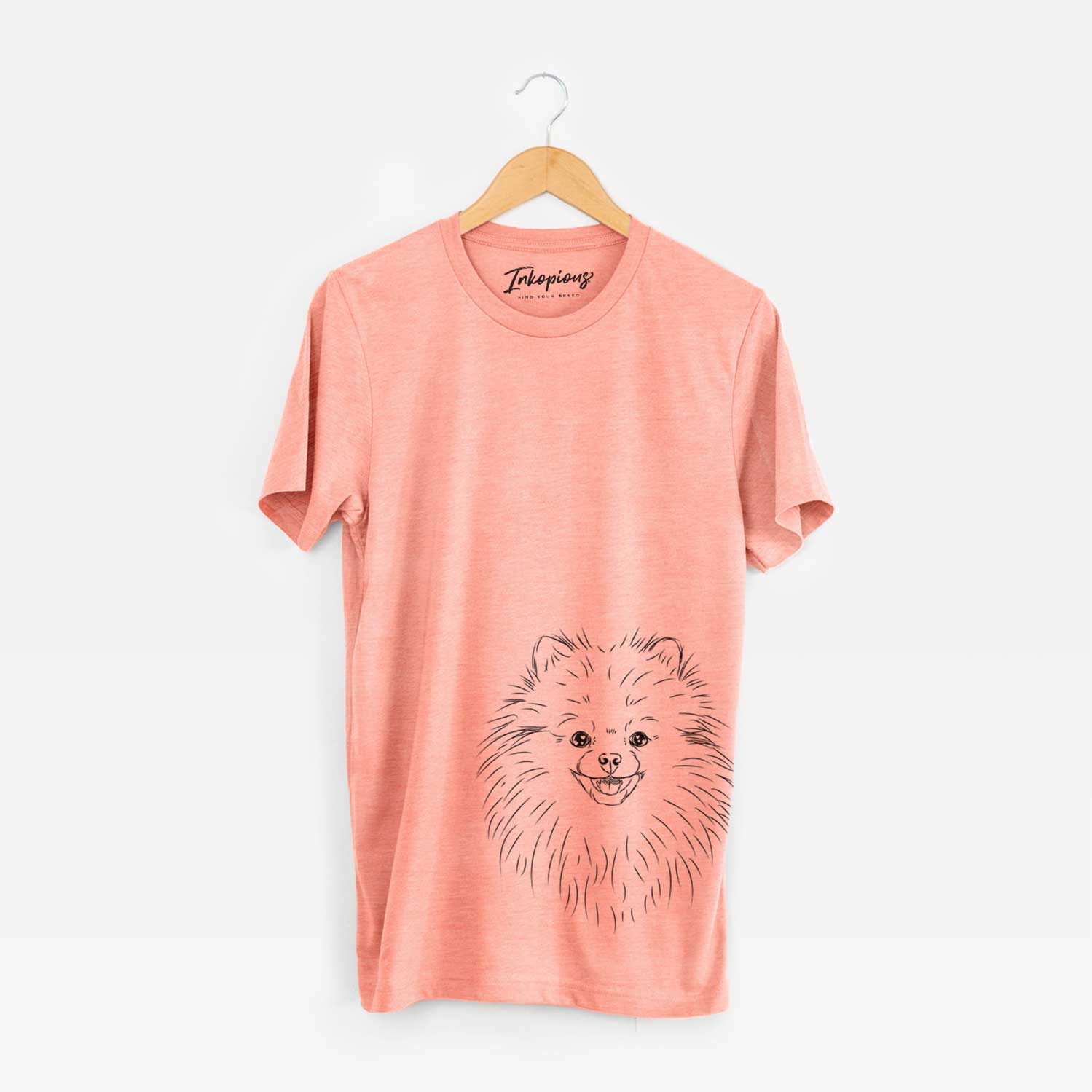 Hand-drawn sketch of Finn the Pomeranian on a Sunset Bella Canvas Unisex Crewneck