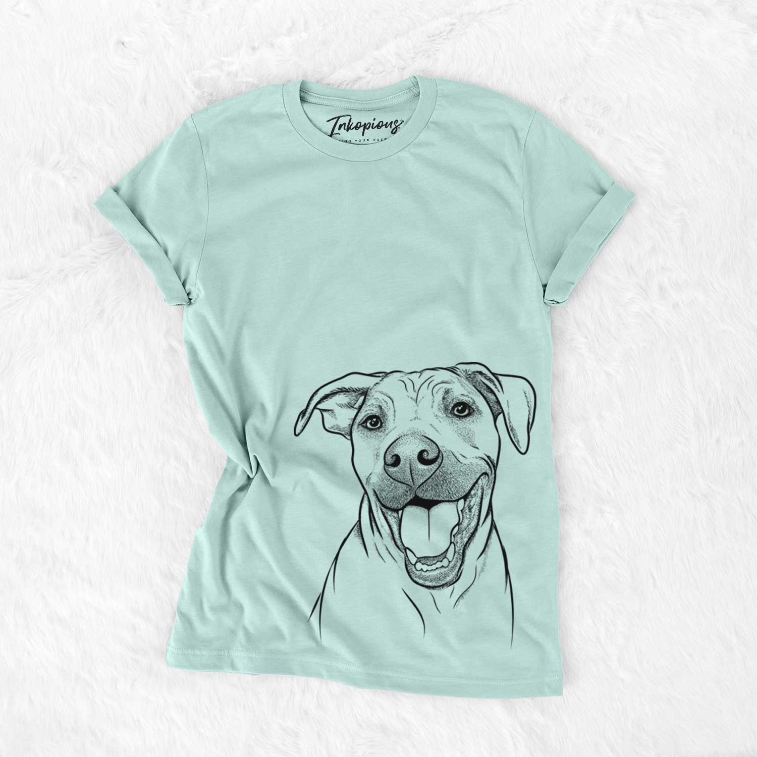 Hand-drawn sketch of Finn the Hound Mix on a Heather Sage Unisex crewneck