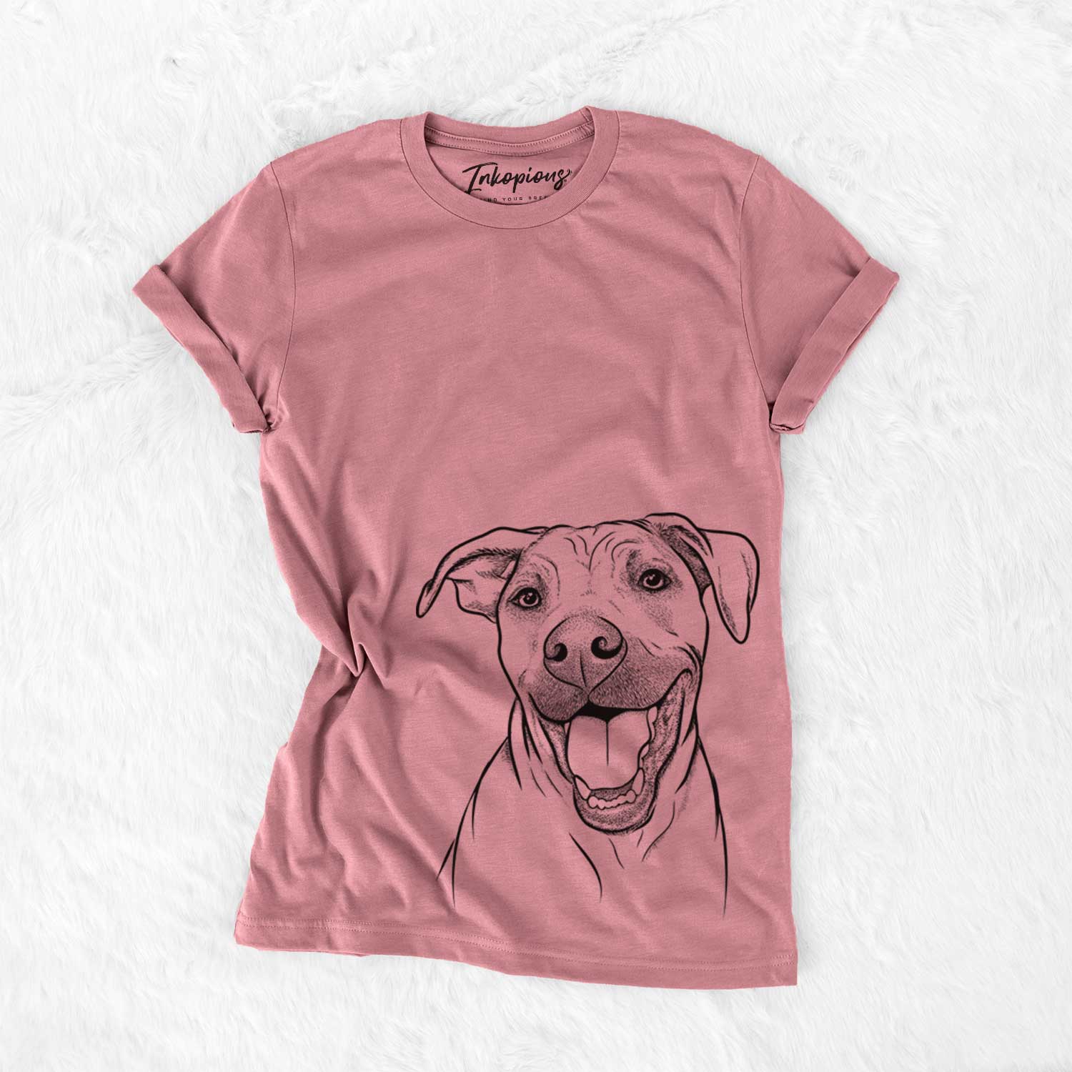 Hand-drawn sketch of Finn the Hound Mix on a Mauve Unisex crewneck