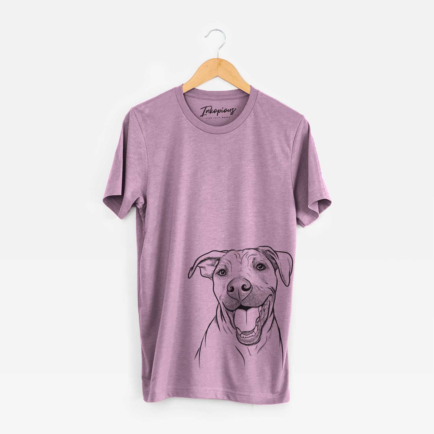 Hand-drawn sketch of Finn the Hound Mix on an Orchid Unisex crewneck