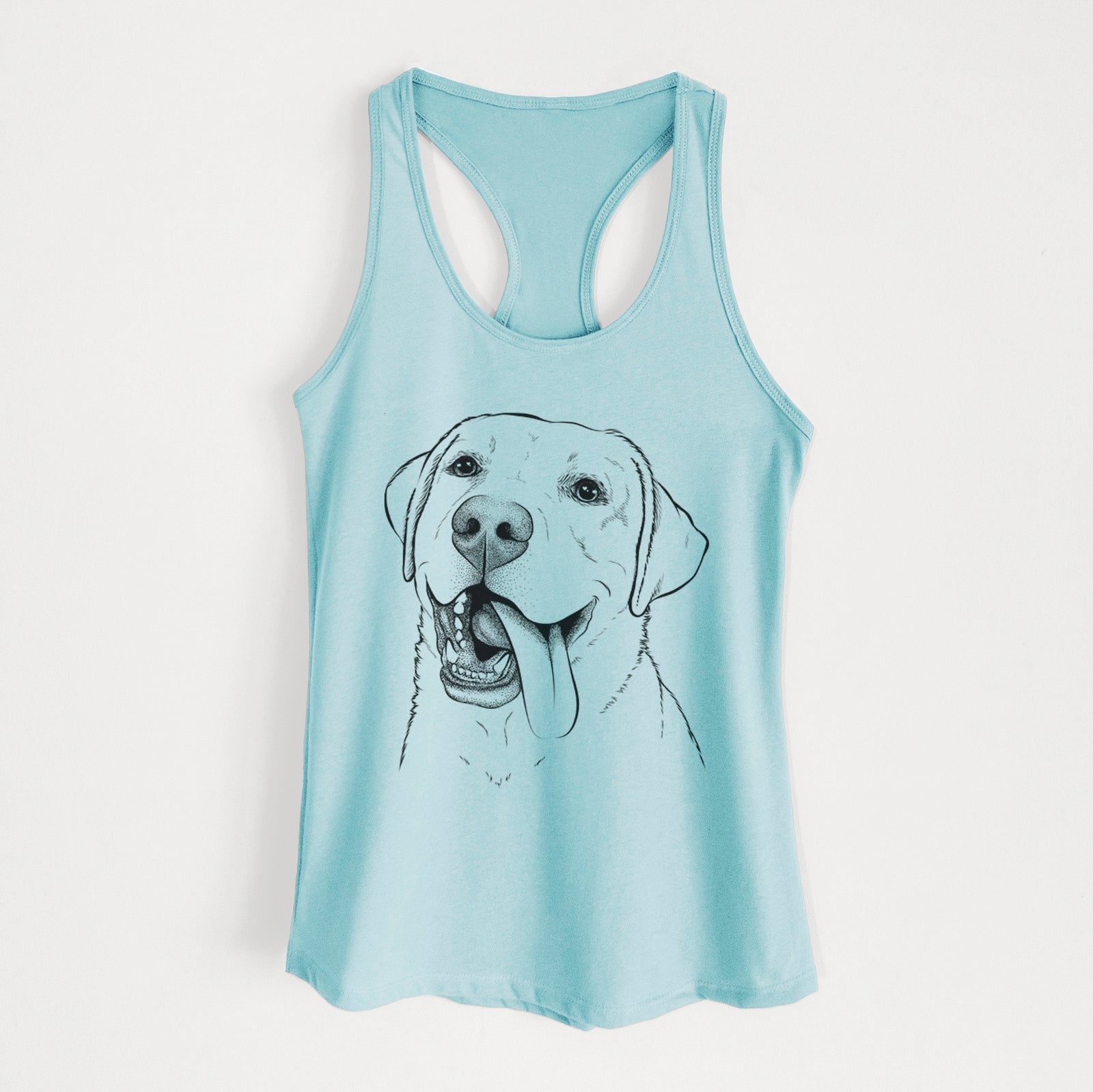 Hand-drawn sketch of Finn the Labrador Retriever on a Cancun Blue Women's racerback tanktop