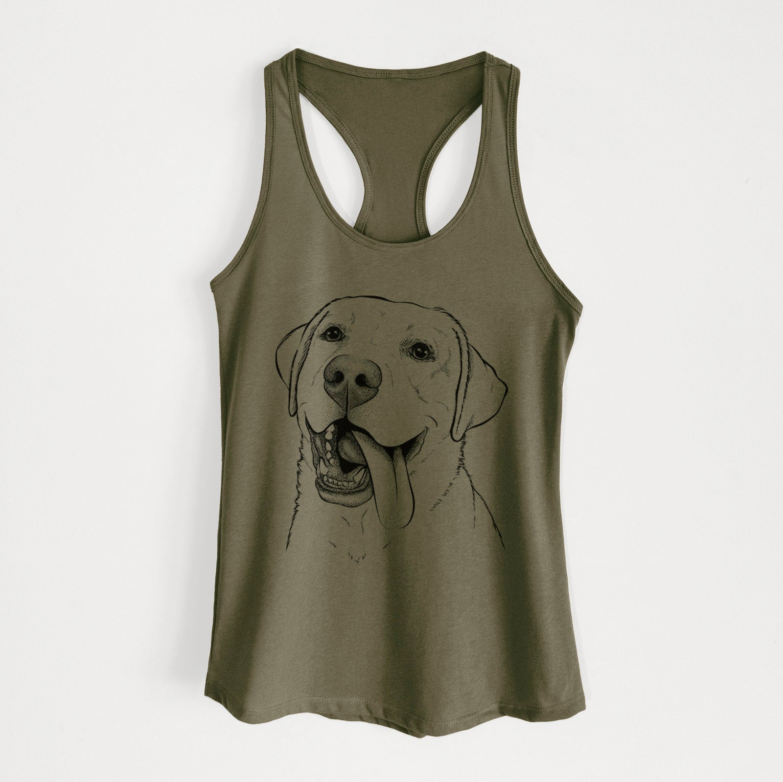 Hand-drawn sketch of Finn the Labrador Retriever on a Military Green Women's racerback tanktop