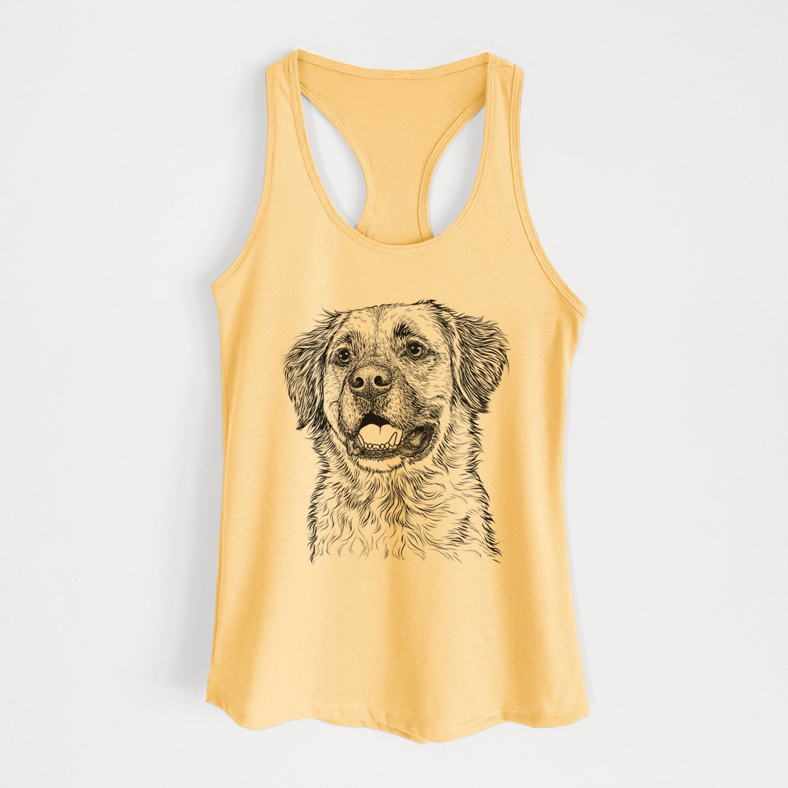Hand-drawn sketch of Finn the Mixed Breed on a Banana Cream Women's racerback tanktop