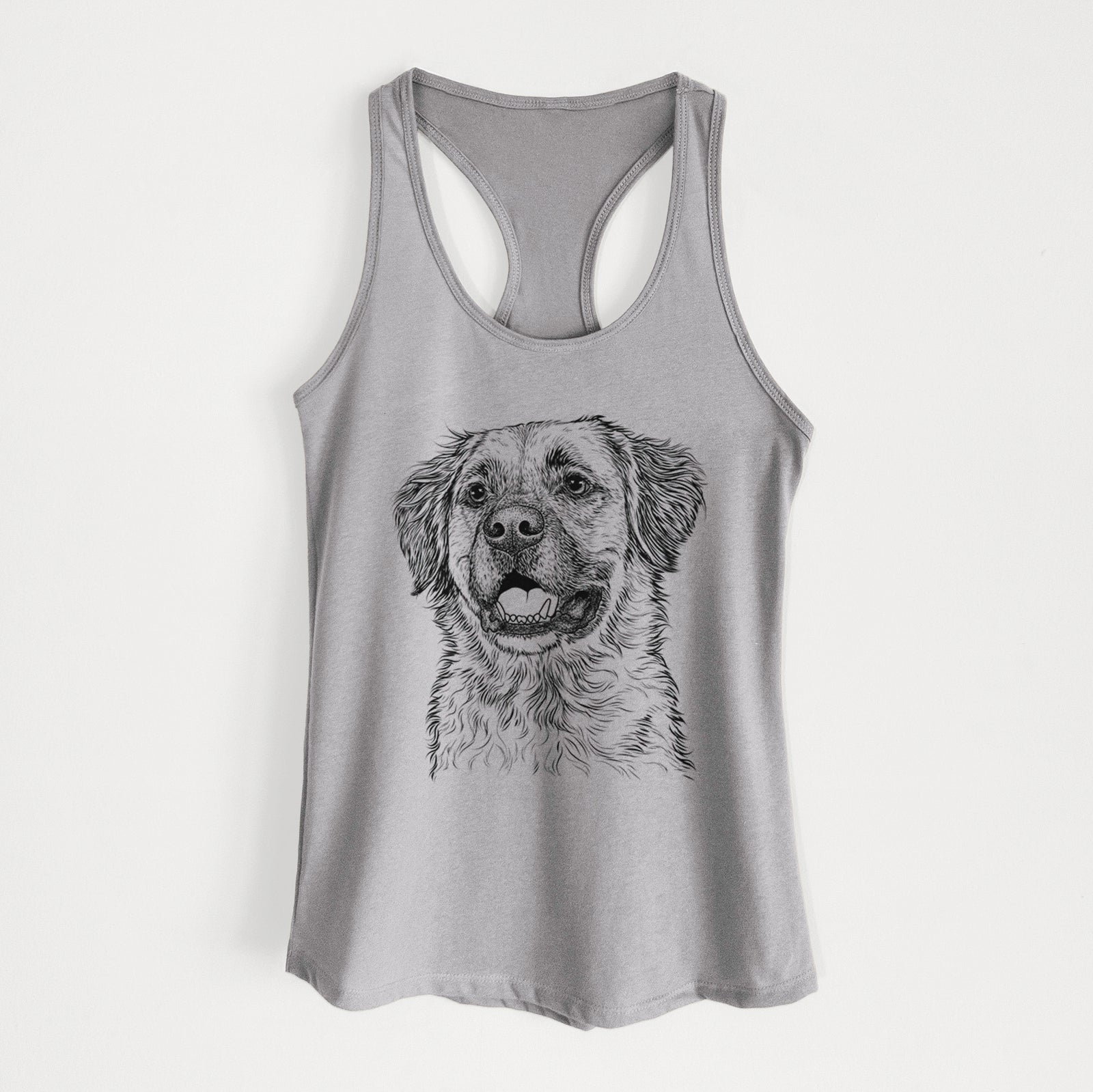 Hand-drawn sketch of Finn the Mixed Breed on a Heather Grey Women's racerback tanktop
