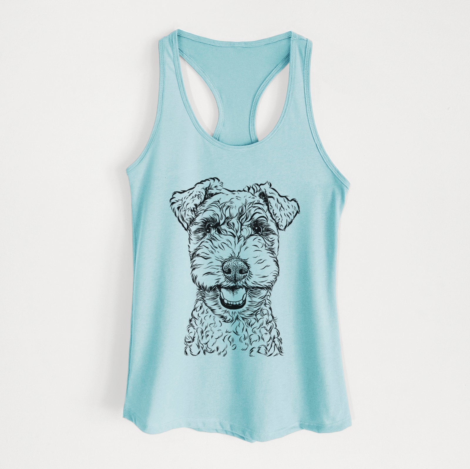 Hand-drawn sketch of Fintan the Irish Troodle on a Cancun Blue Women's racerback tanktop
