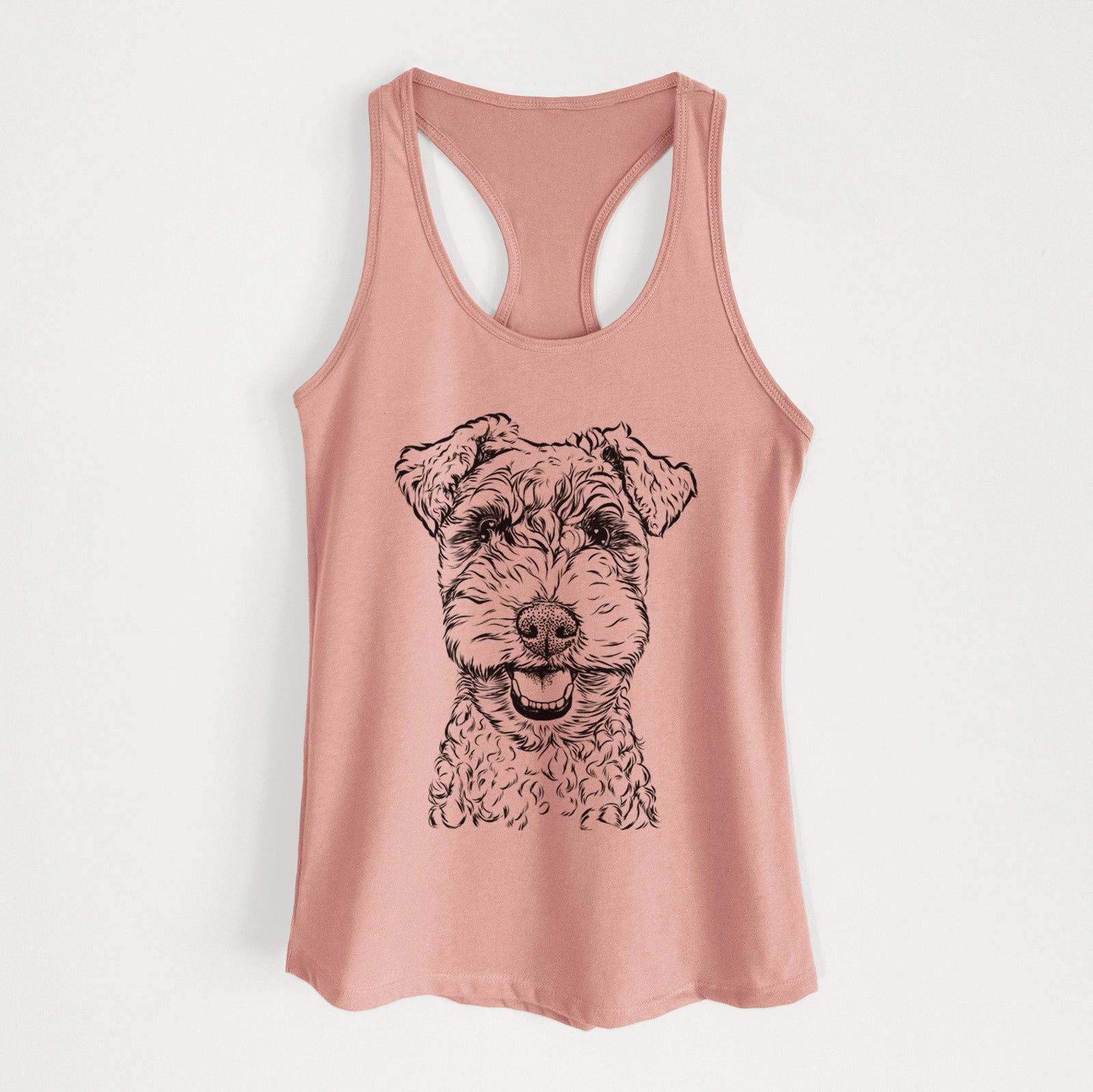 Hand-drawn sketch of Fintan the Irish Troodle on a Desert Pink Women's racerback tanktop