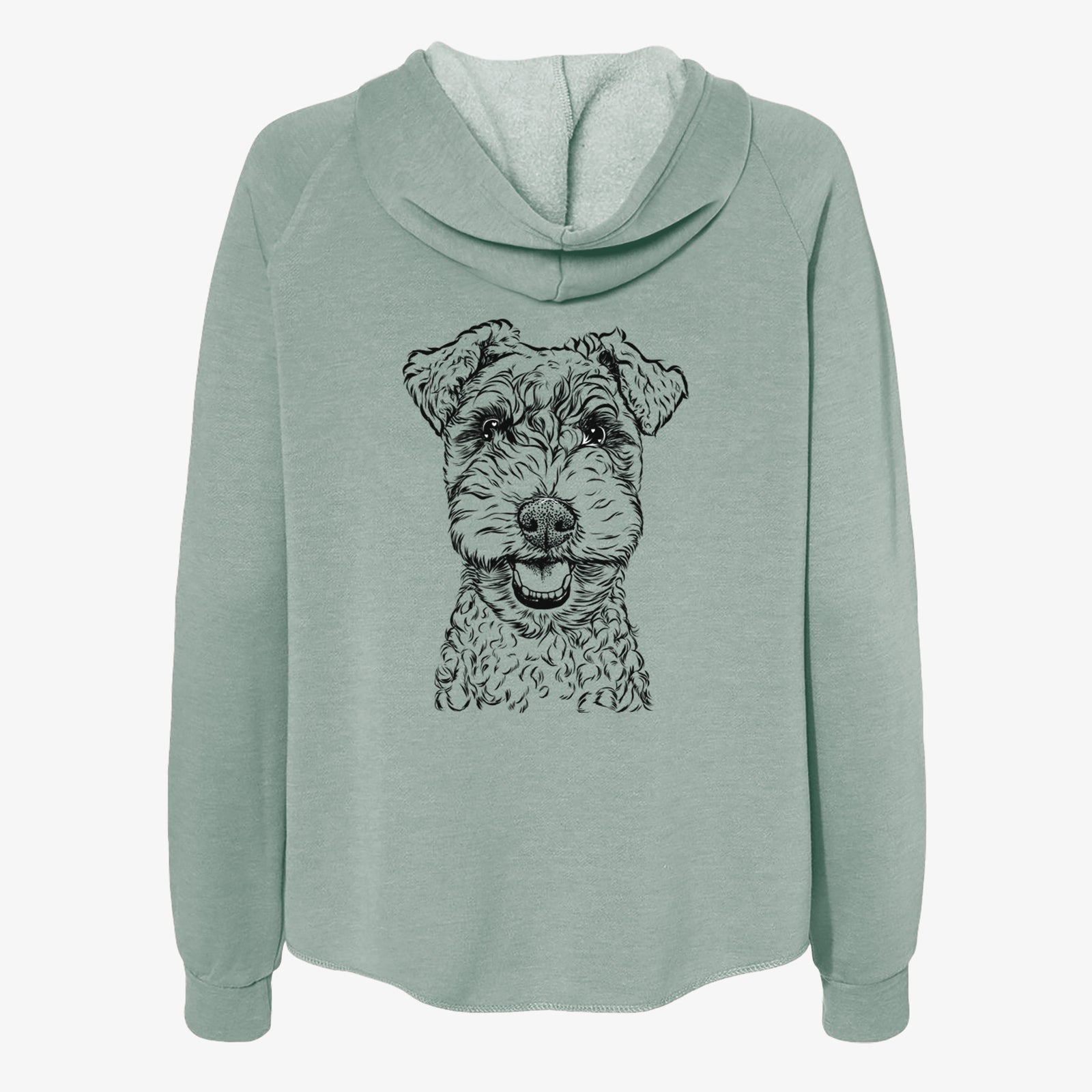 Hand-drawn sketch of Fintan the Irish Troodle on a Sage Women's cali wave zip-up sweatshirt