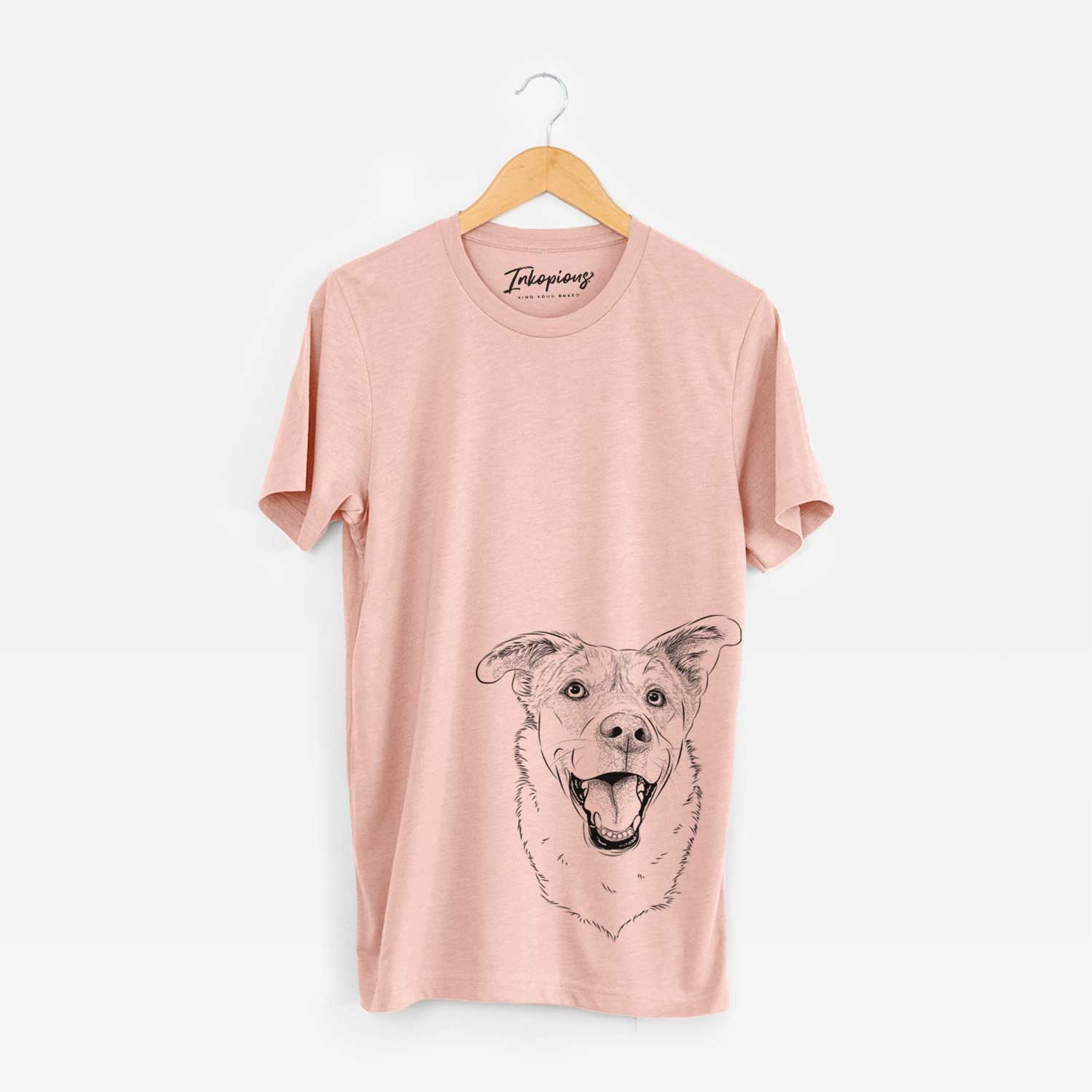 Hand-drawn sketch of Fira the Saint Bernard Husky Mix on a Peach Bella Canvas Unisex Crewneck