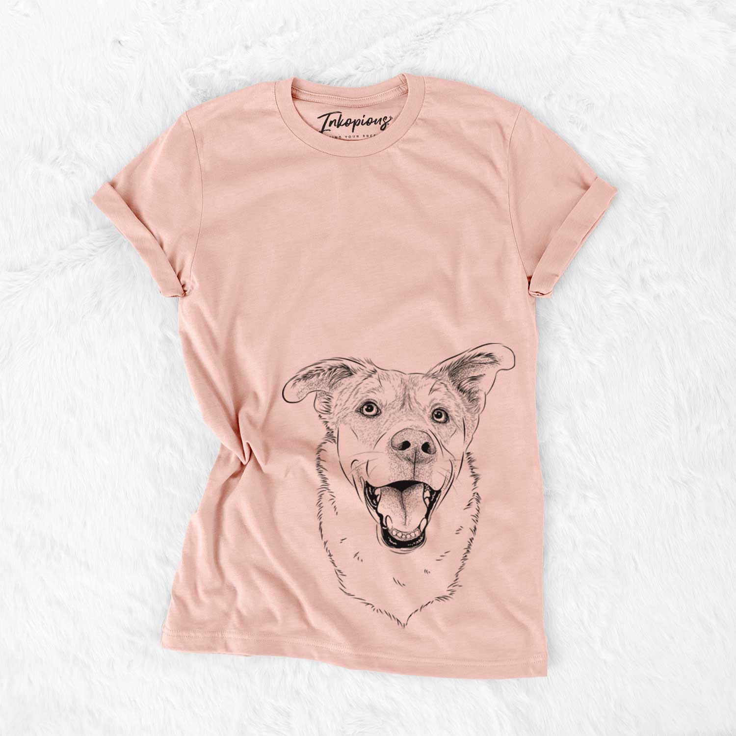 Hand-drawn sketch of Fira the Saint Bernard Husky Mix on a Peach Bella Canvas Unisex Crewneck