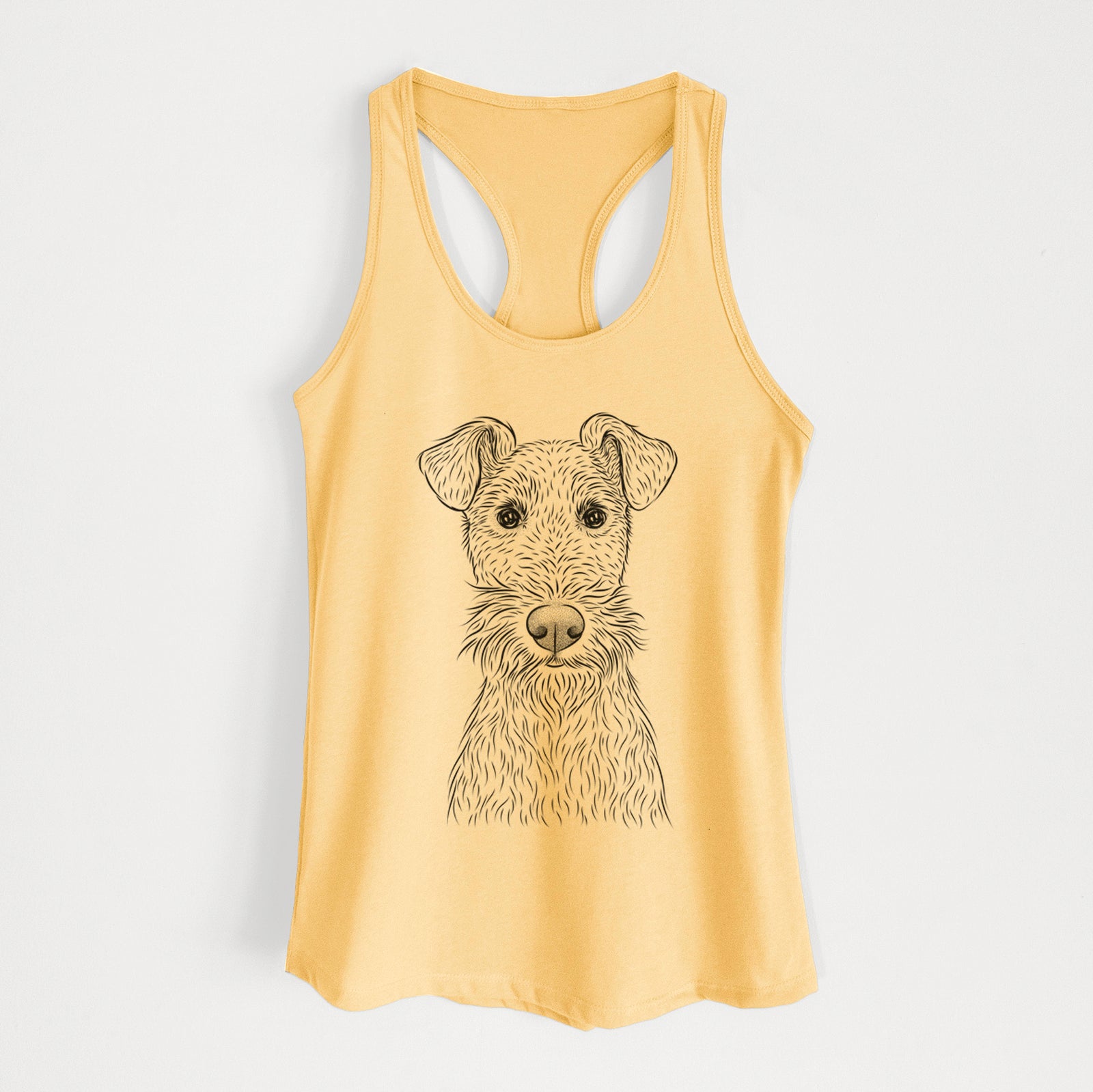 Hand-drawn sketch of Fitz the Wire Fox Terrier on a Banana Cream Women's racerback tanktop