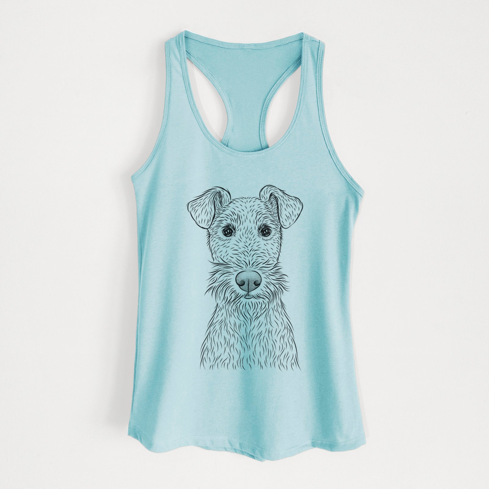 Hand-drawn sketch of Fitz the Wire Fox Terrier on a Cancun Blue Women's racerback tanktop