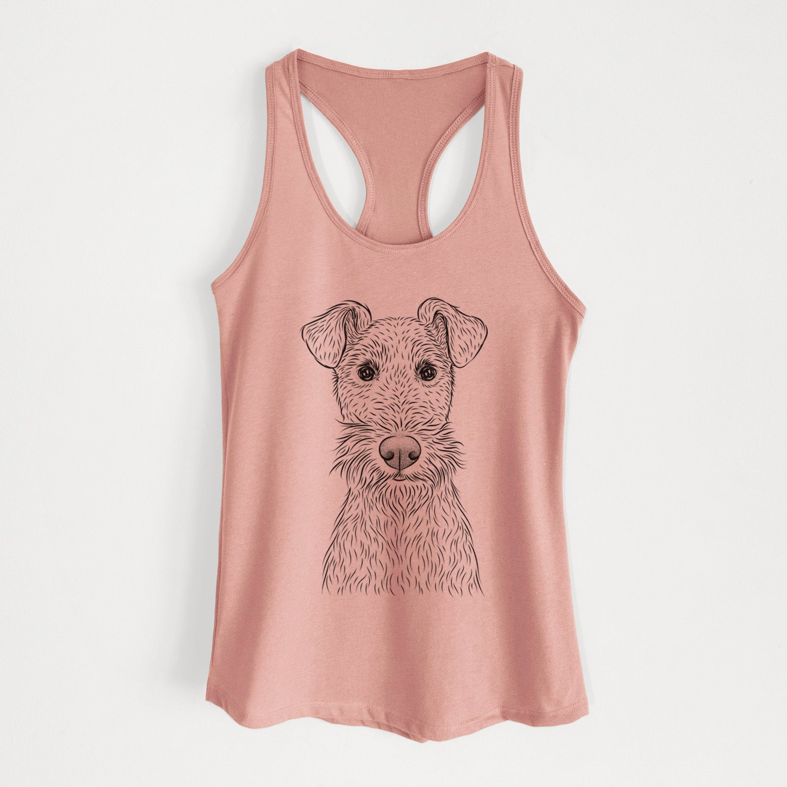 Hand-drawn sketch of Fitz the Wire Fox Terrier on a Desert Pink Women's racerback tanktop