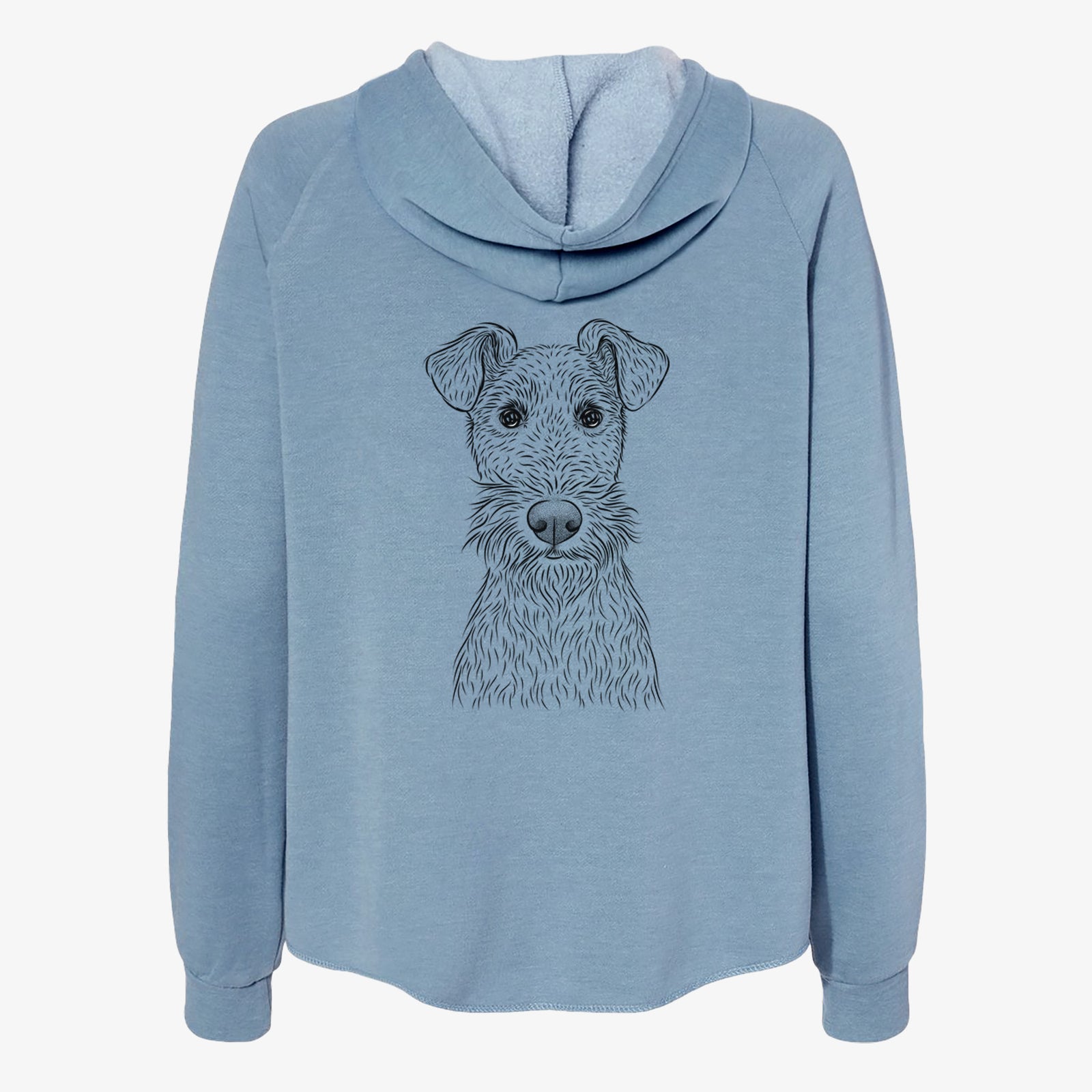 Hand-drawn sketch of Fitz the Wire Fox Terrier on a Misty Blue Women's cali wave zip-up sweatshirt