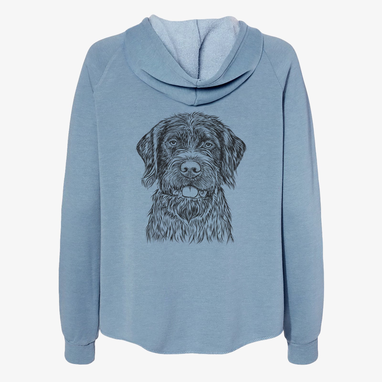 Hand-drawn sketch of Fletcher the Wirehaired Pointing Griffon on a Misty Blue Women's cali wave zip-up sweatshirt
