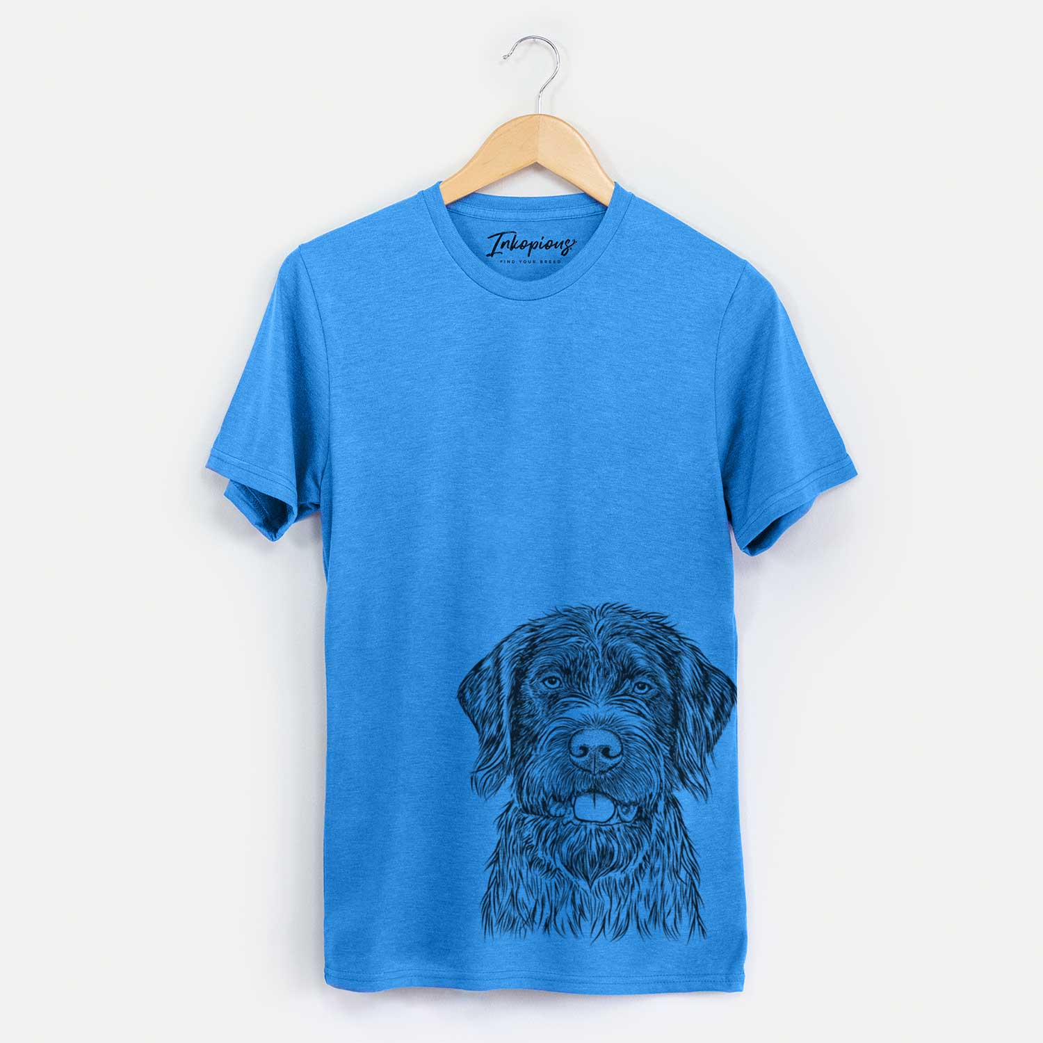 Hand-drawn sketch of Fletcher the Wirehaired Pointing Griffon on a Blue Unisex crewneck