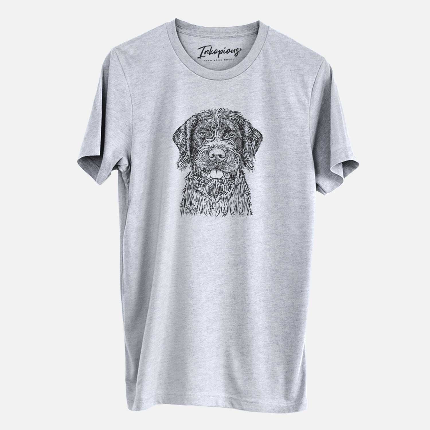 Hand-drawn sketch of Fletcher the Wirehaired Pointing Griffon on a Grey Unisex crewneck