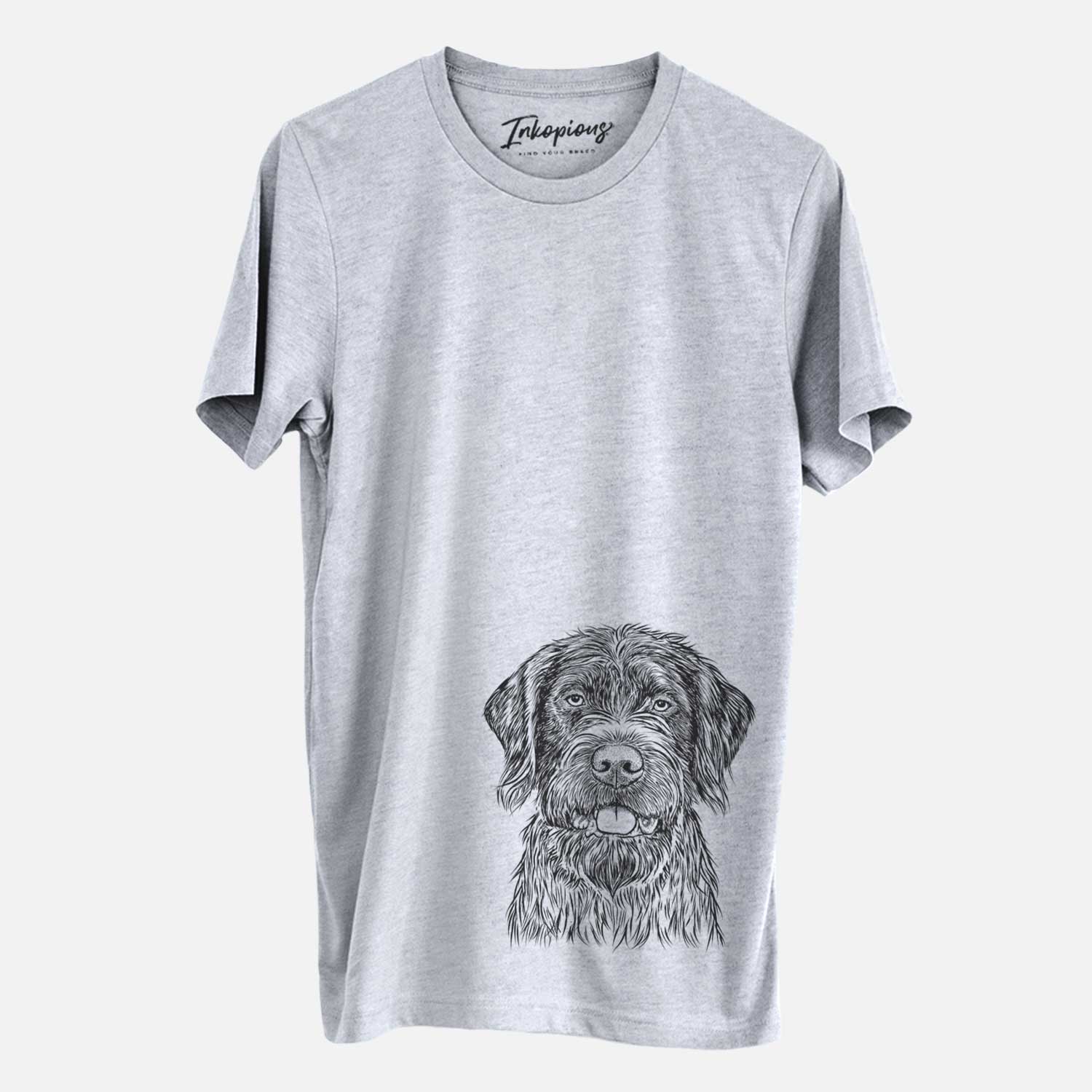 Hand-drawn sketch of Fletcher the Wirehaired Pointing Griffon on a Grey Unisex crewneck